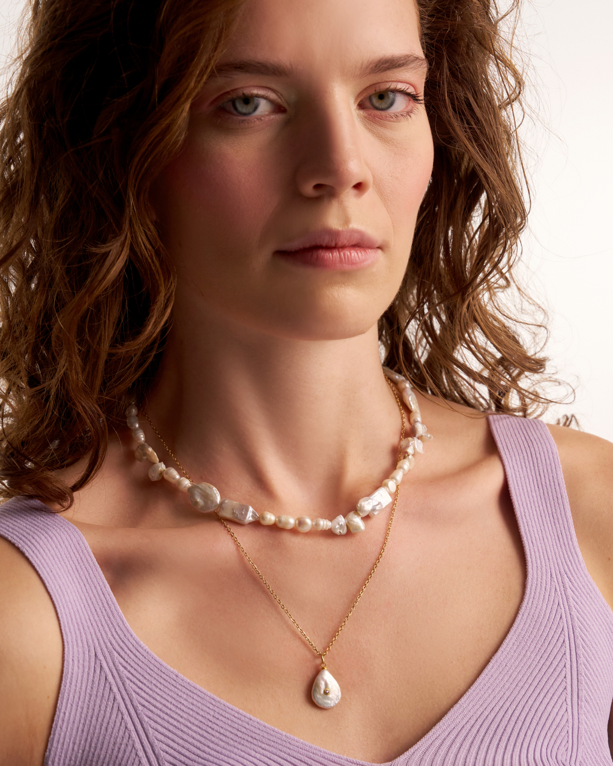 Delicate freshwater pearl necklace on model