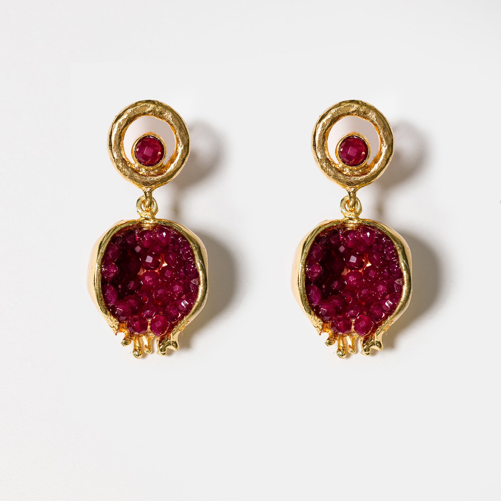 Pomegranate-inspired red jade earrings with gold-plated brass setting