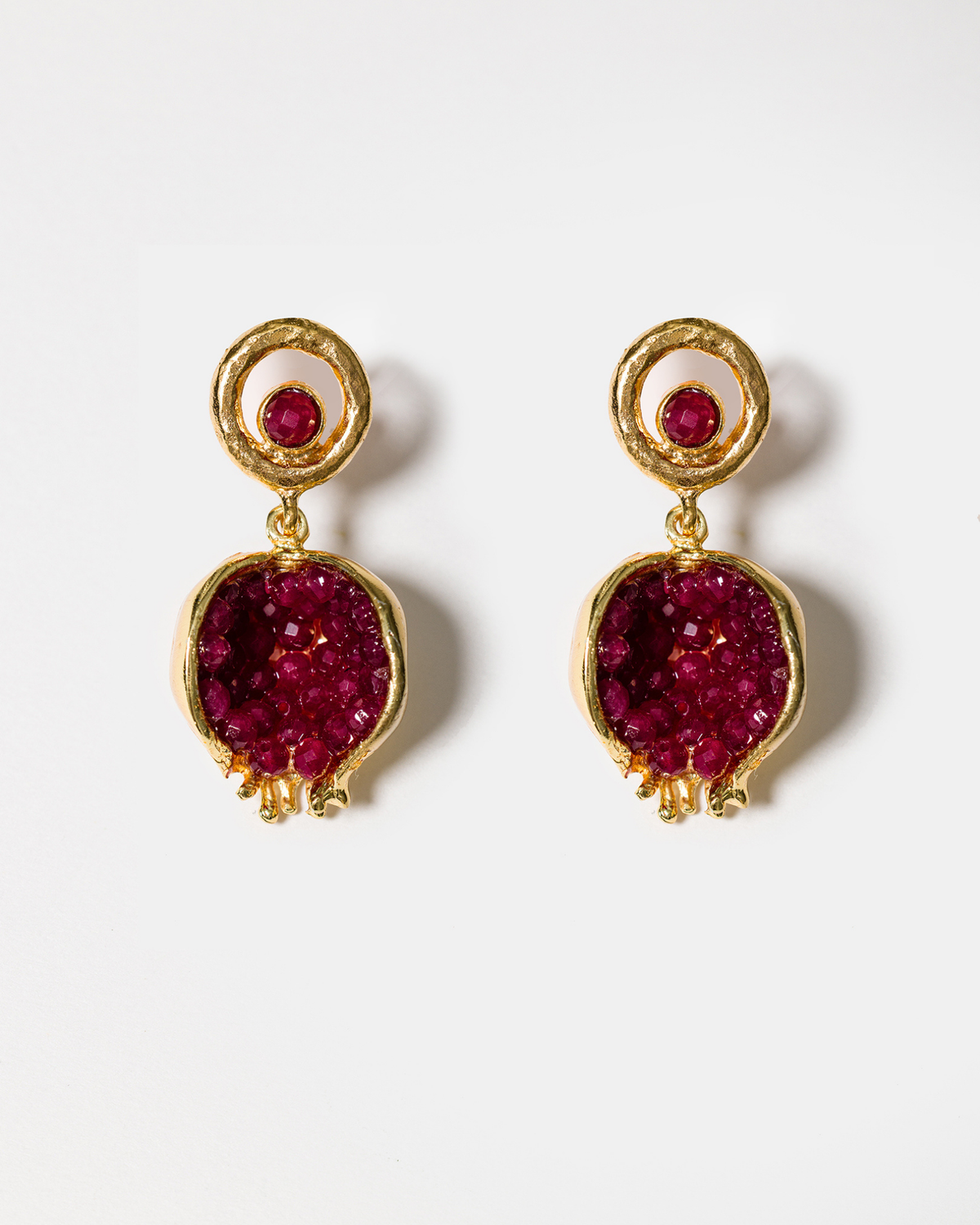Pomegranate-inspired red jade earrings with gold-plated brass setting