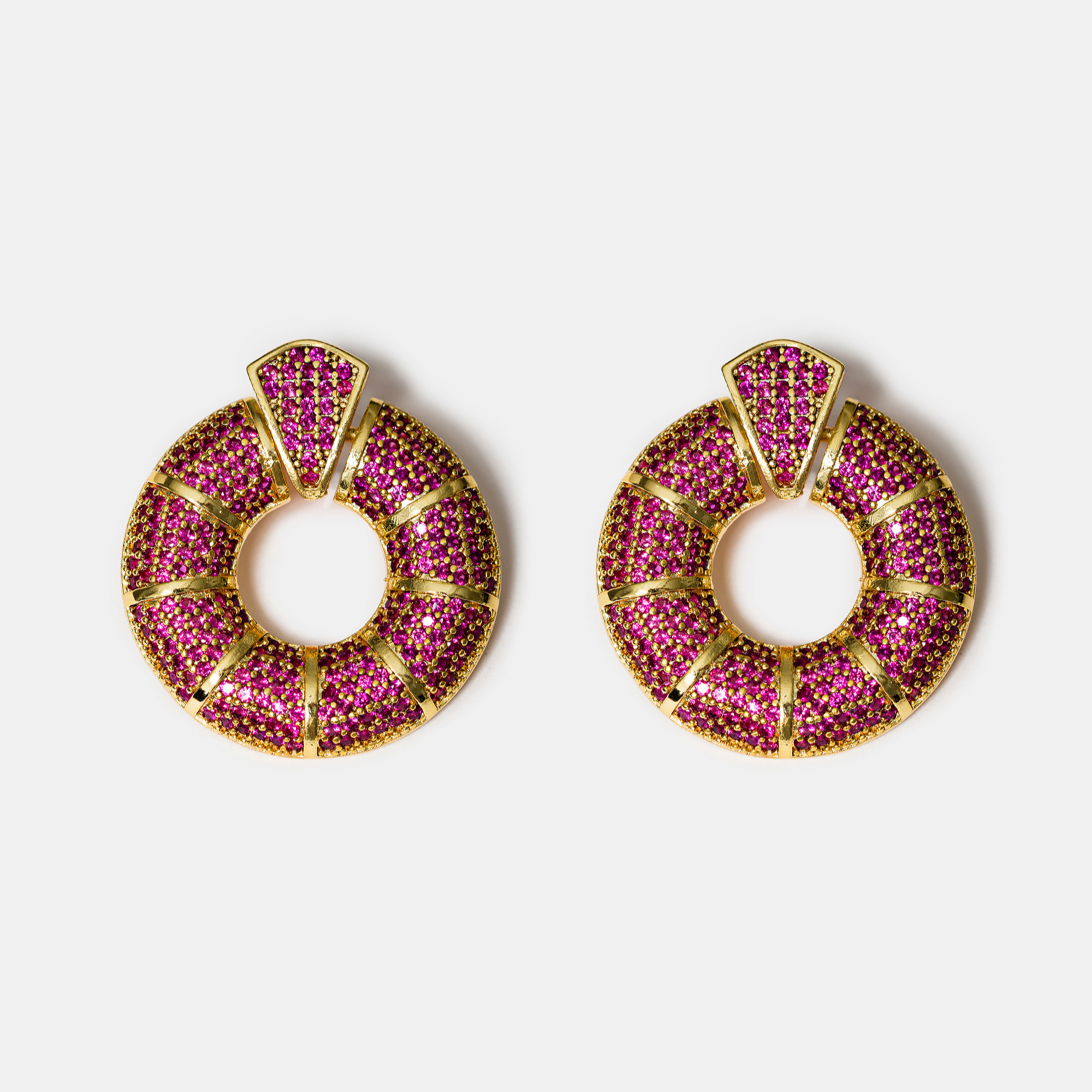 Pink zircon donut hoop earrings in gold-tone finish