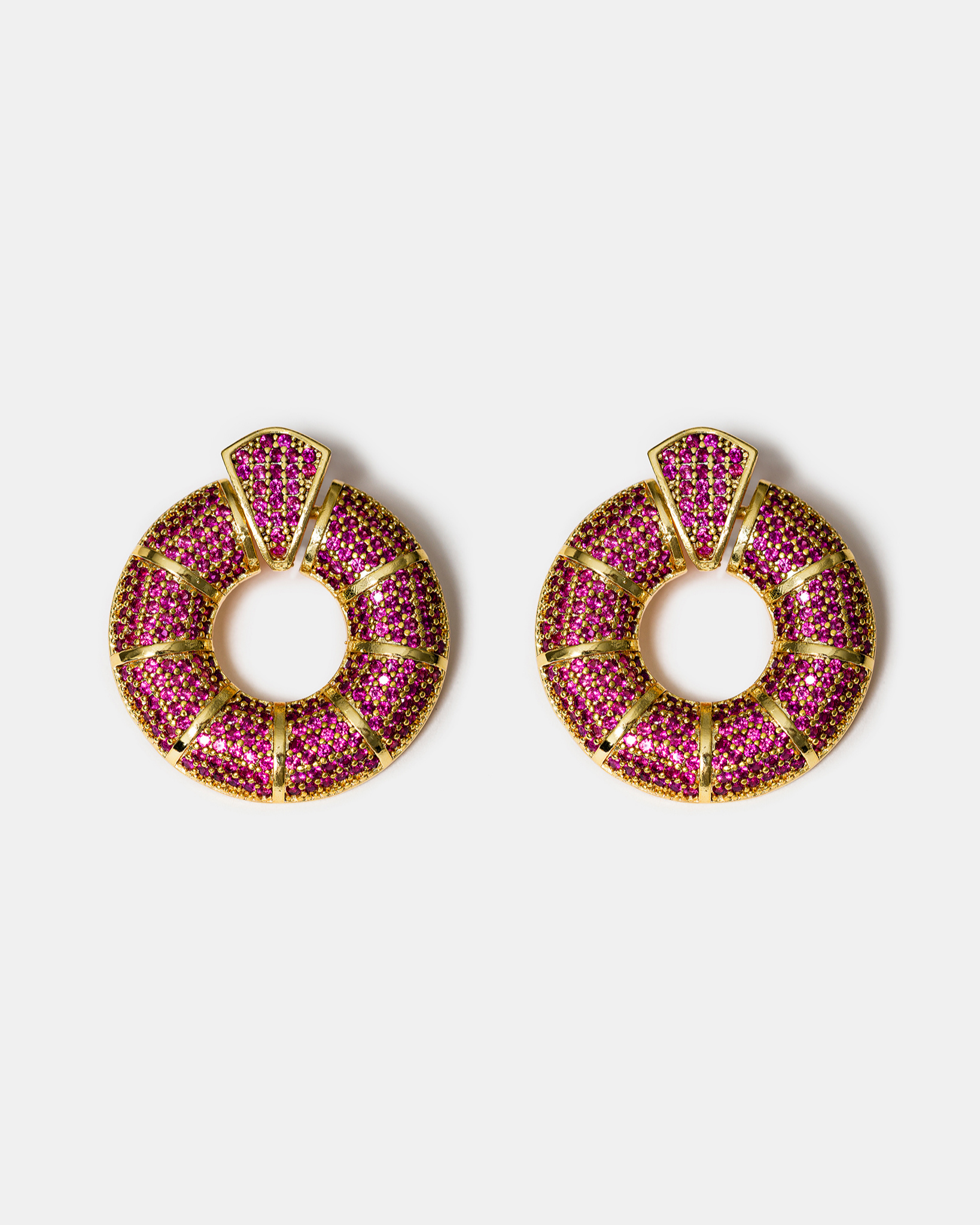 Pink zircon donut hoop earrings in gold-tone finish