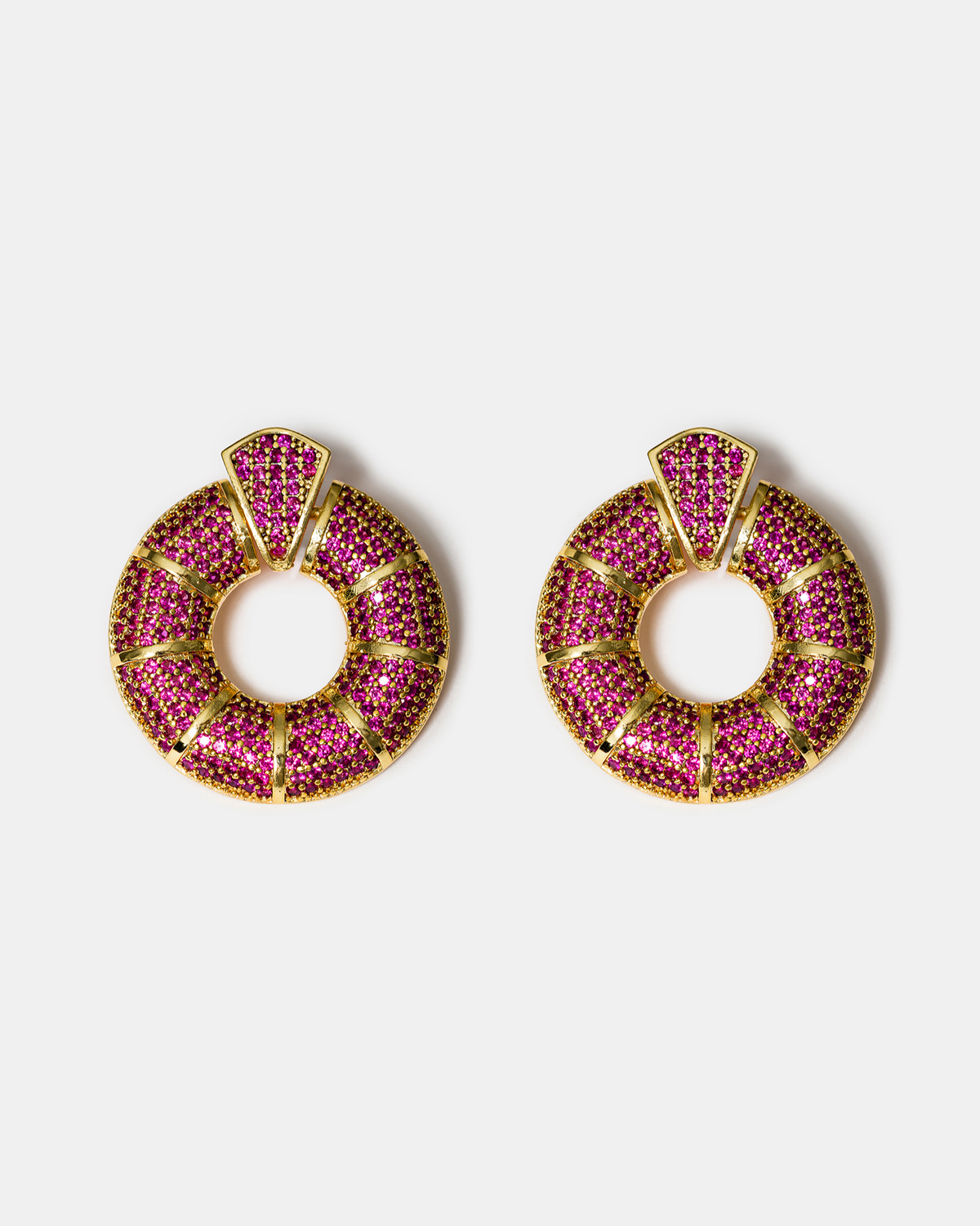 Pink zircon donut hoop earrings in gold-tone finish