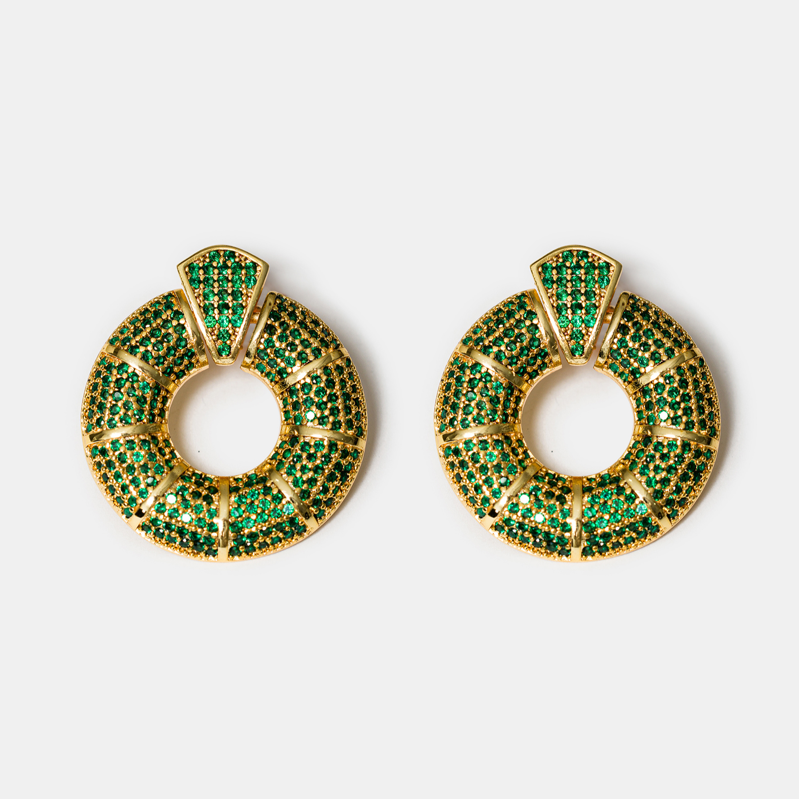 Green zircon donut hoop earrings in gold-tone finish