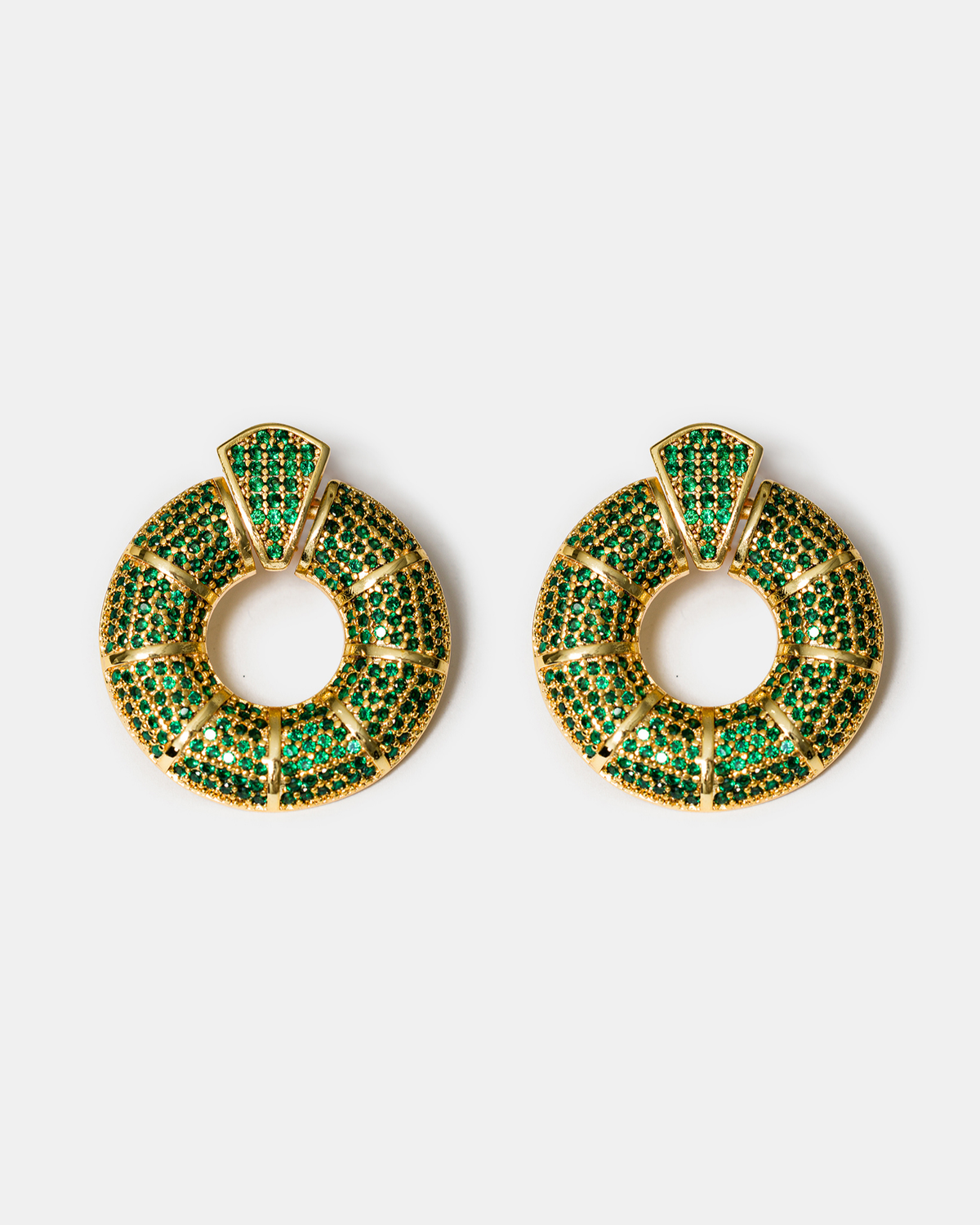 Green zircon donut hoop earrings in gold-tone finish