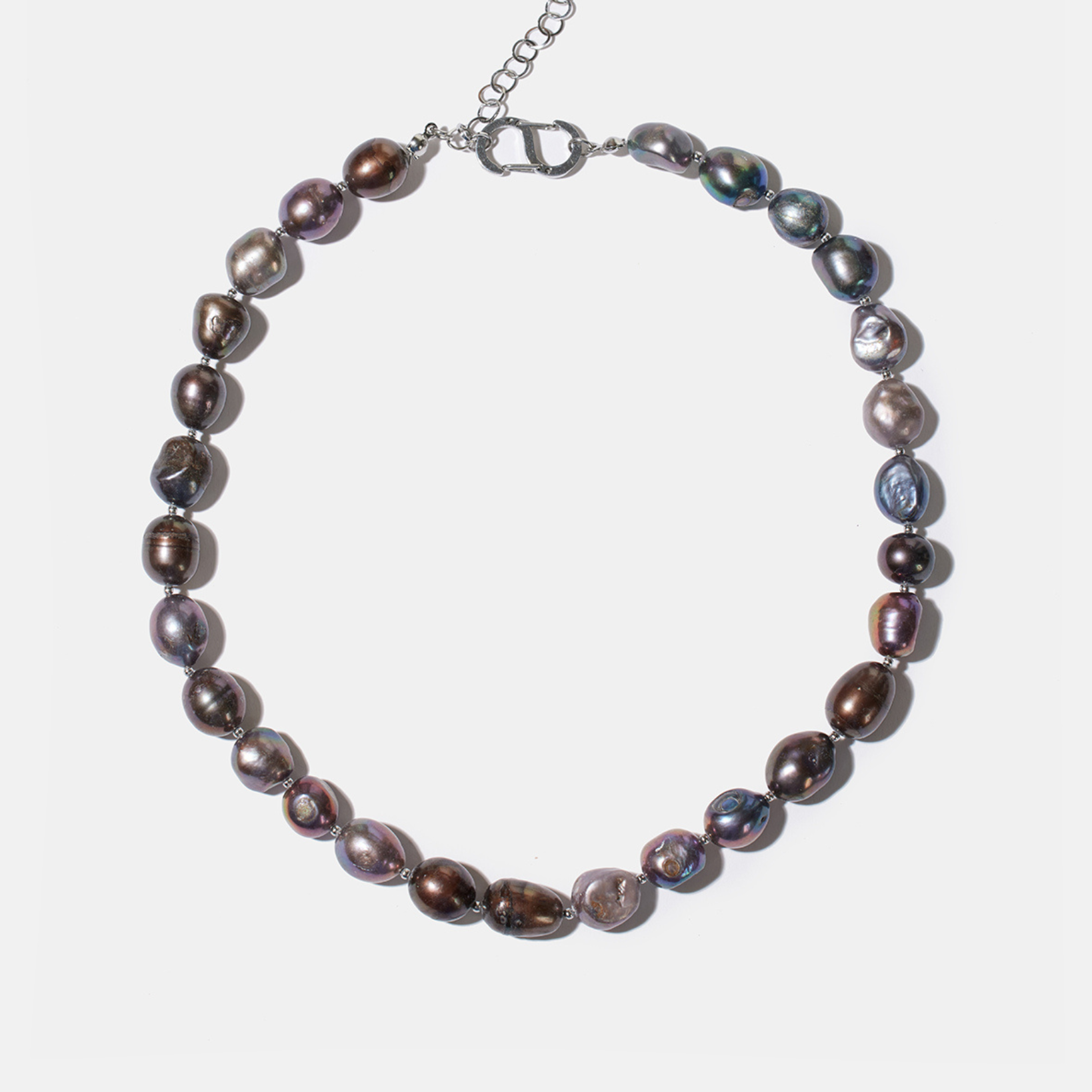 Dark baroque pearl necklace flatlay