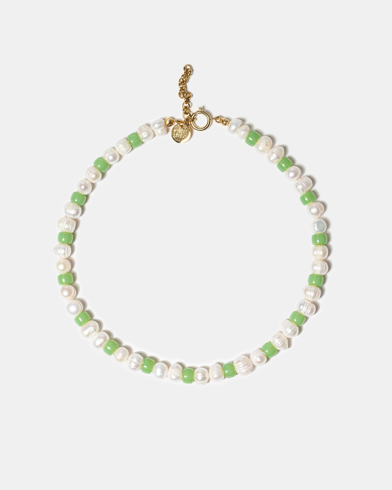 Green freshwater pearl necklace with glass beads