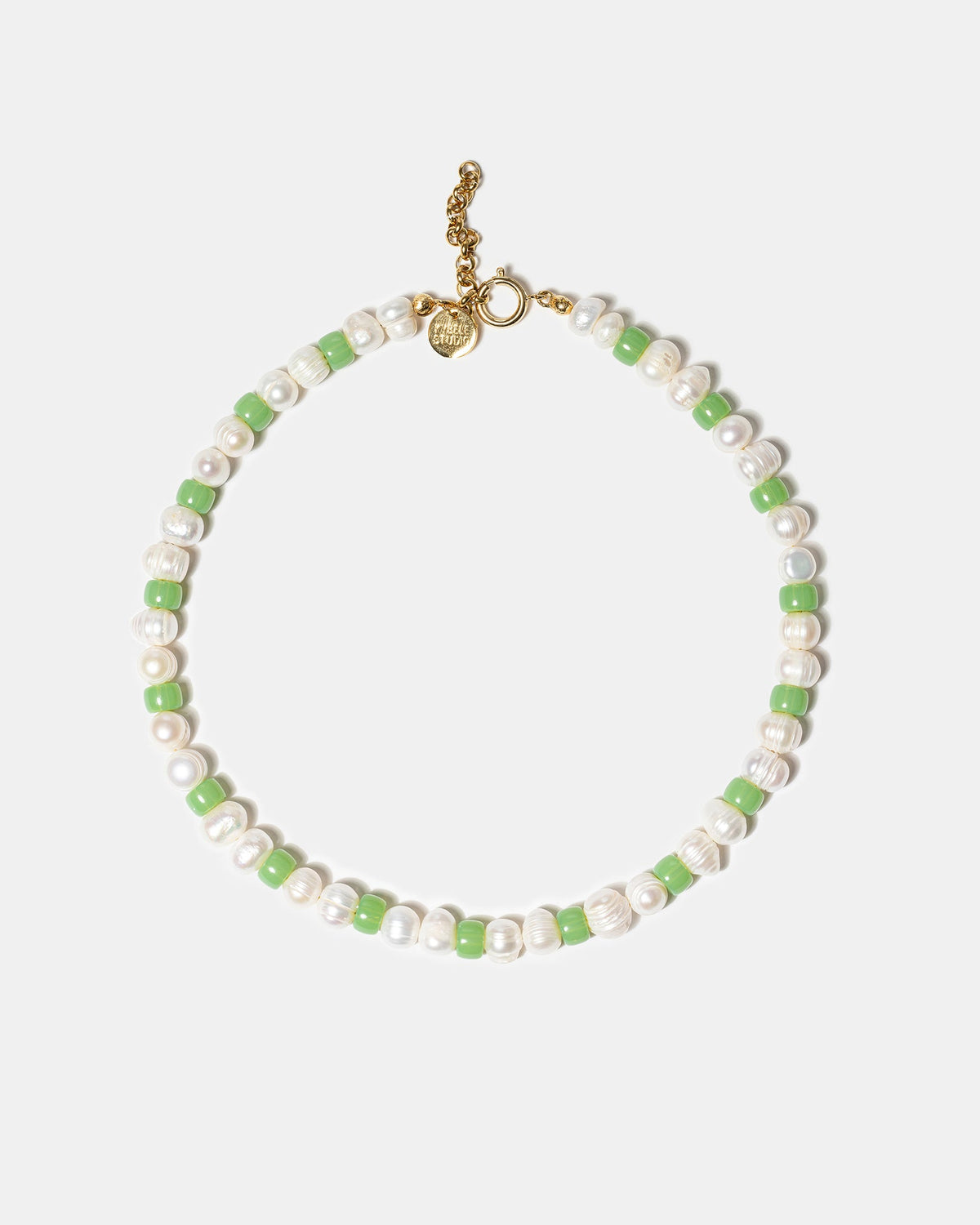 Green freshwater pearl necklace with glass beads