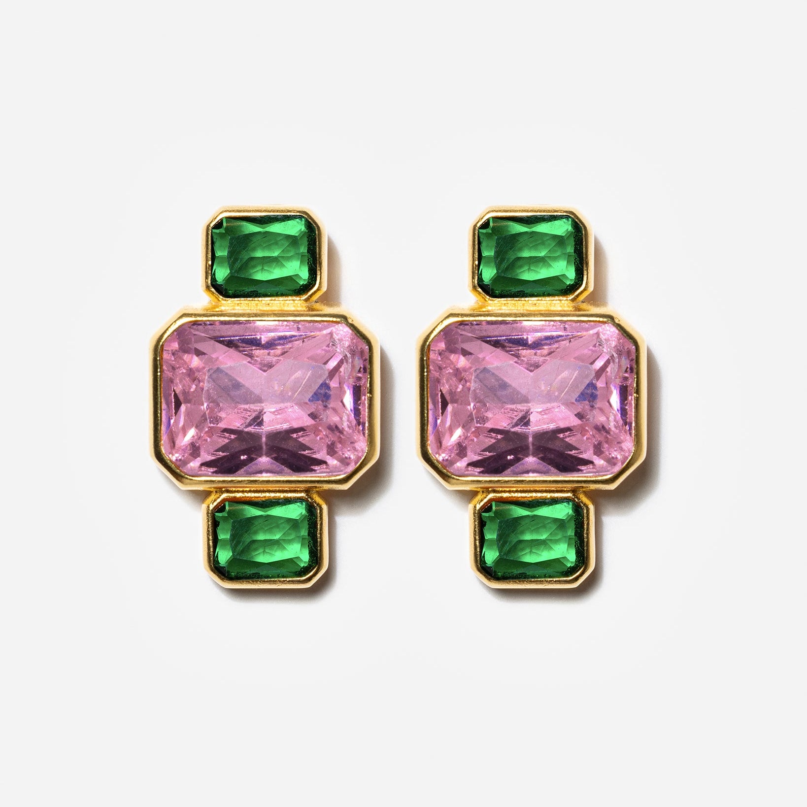 Gold geometric stud earrings with pink and green gemstones