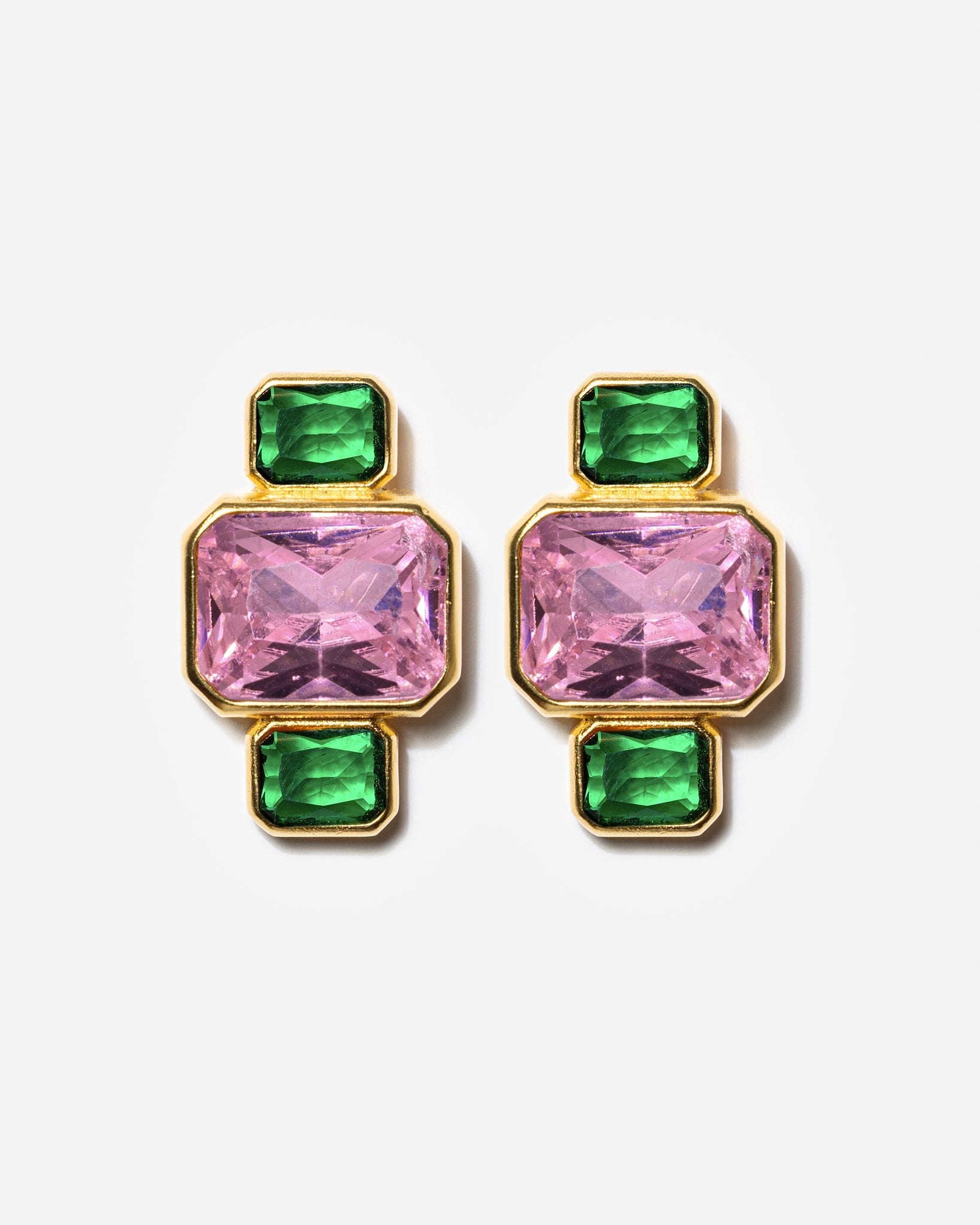 Gold geometric stud earrings with pink and green gemstones