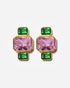 Gold geometric stud earrings with pink and green gemstones