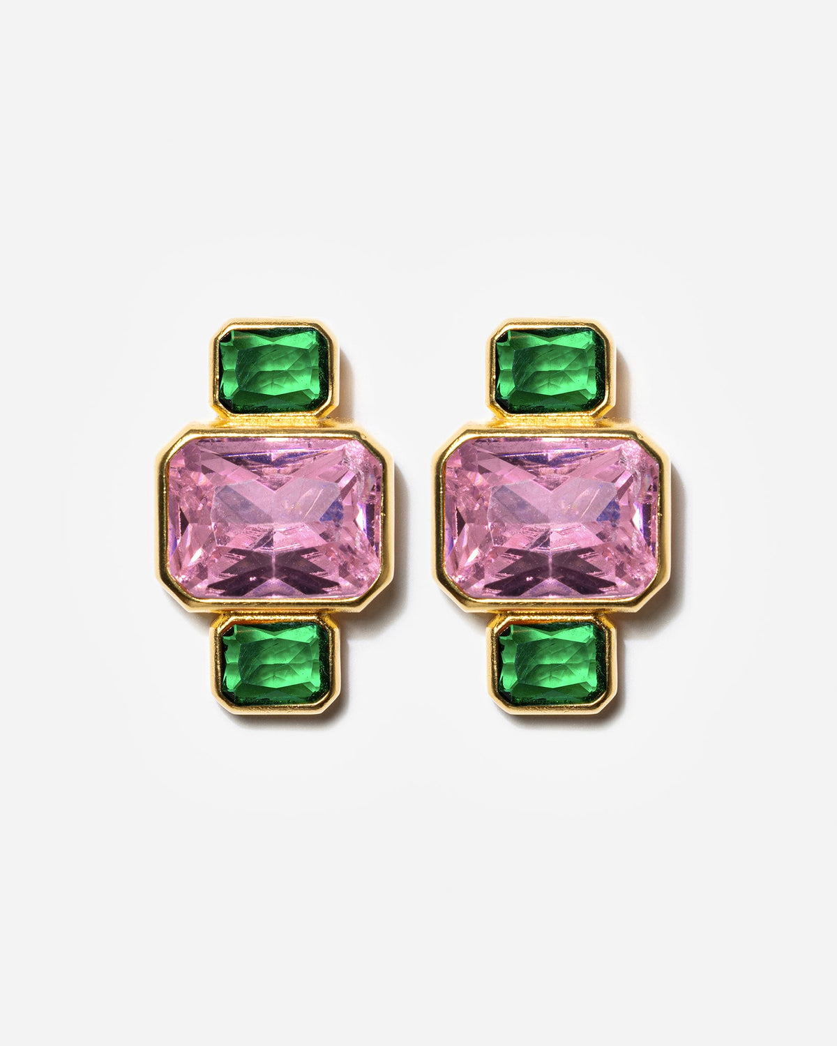 Gold geometric stud earrings with pink and green gemstones