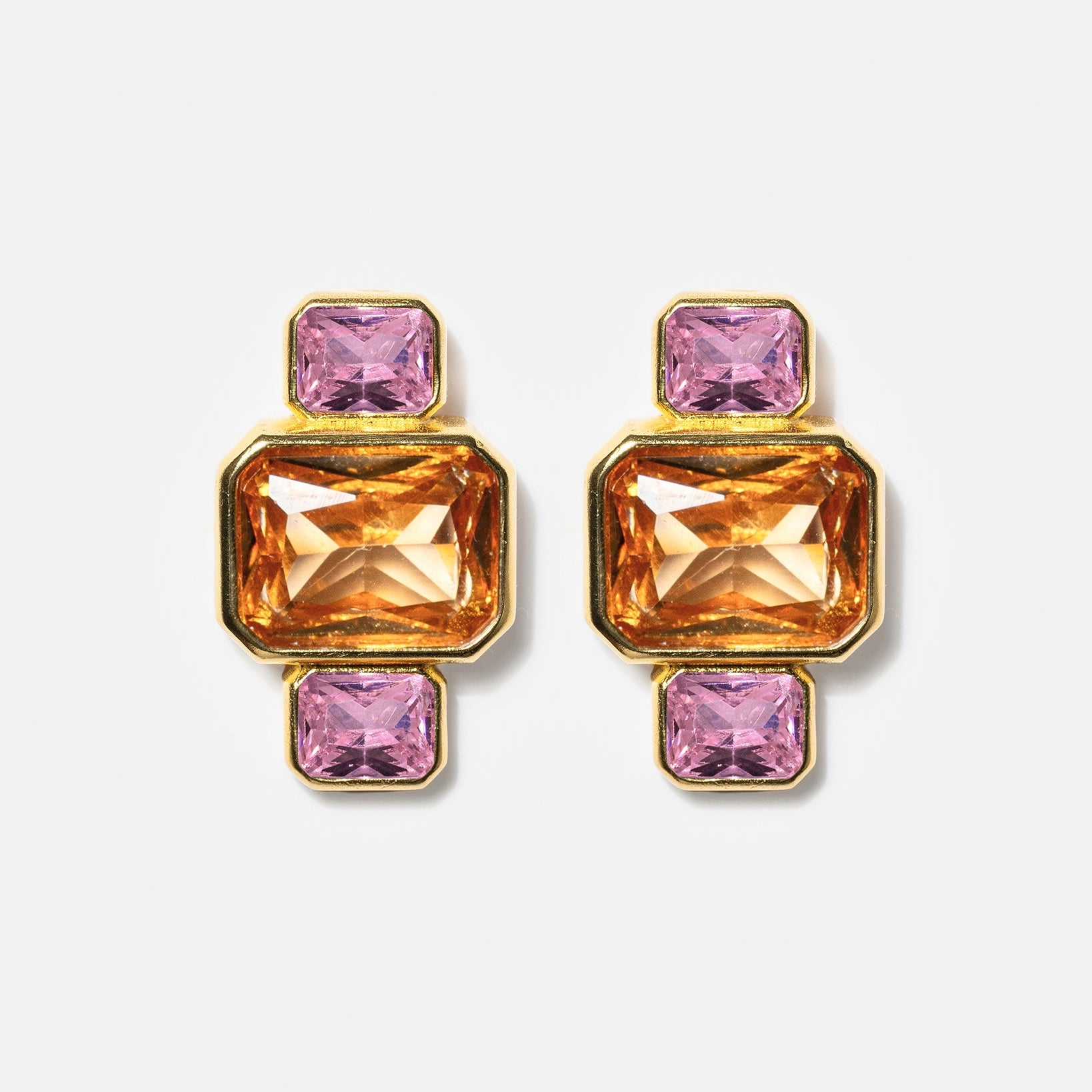 Gold geometric stud earrings with pink and amber gemstones