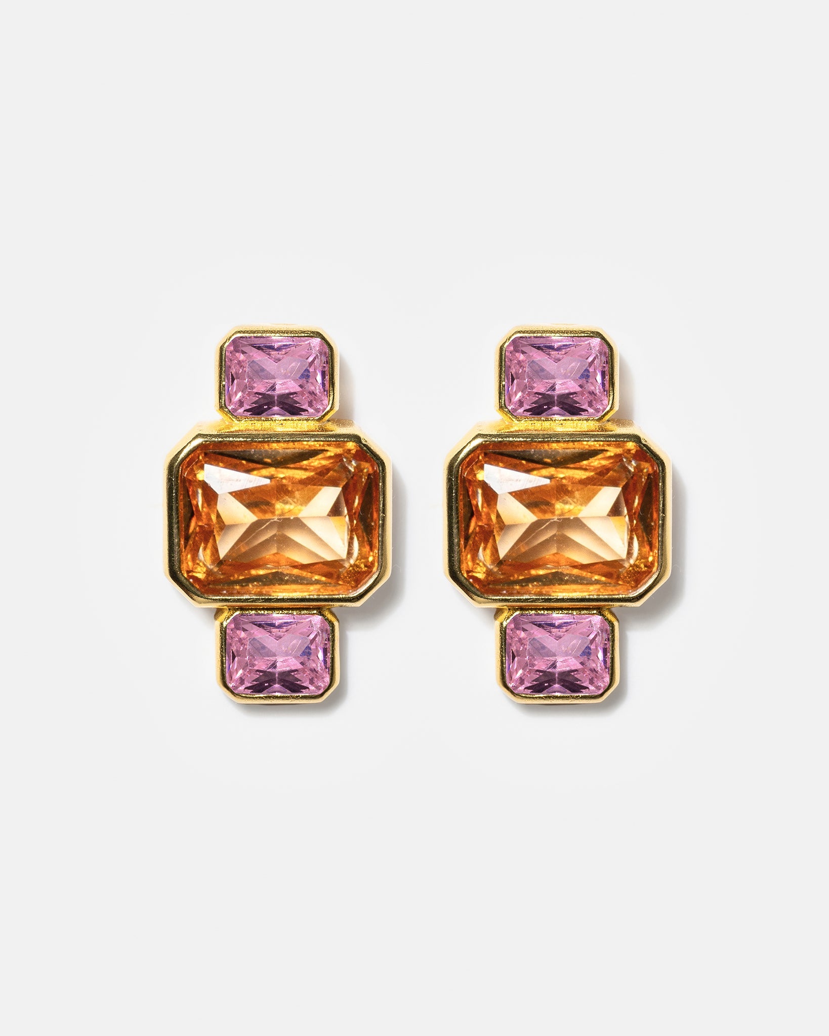 Gold geometric stud earrings with pink and amber gemstones