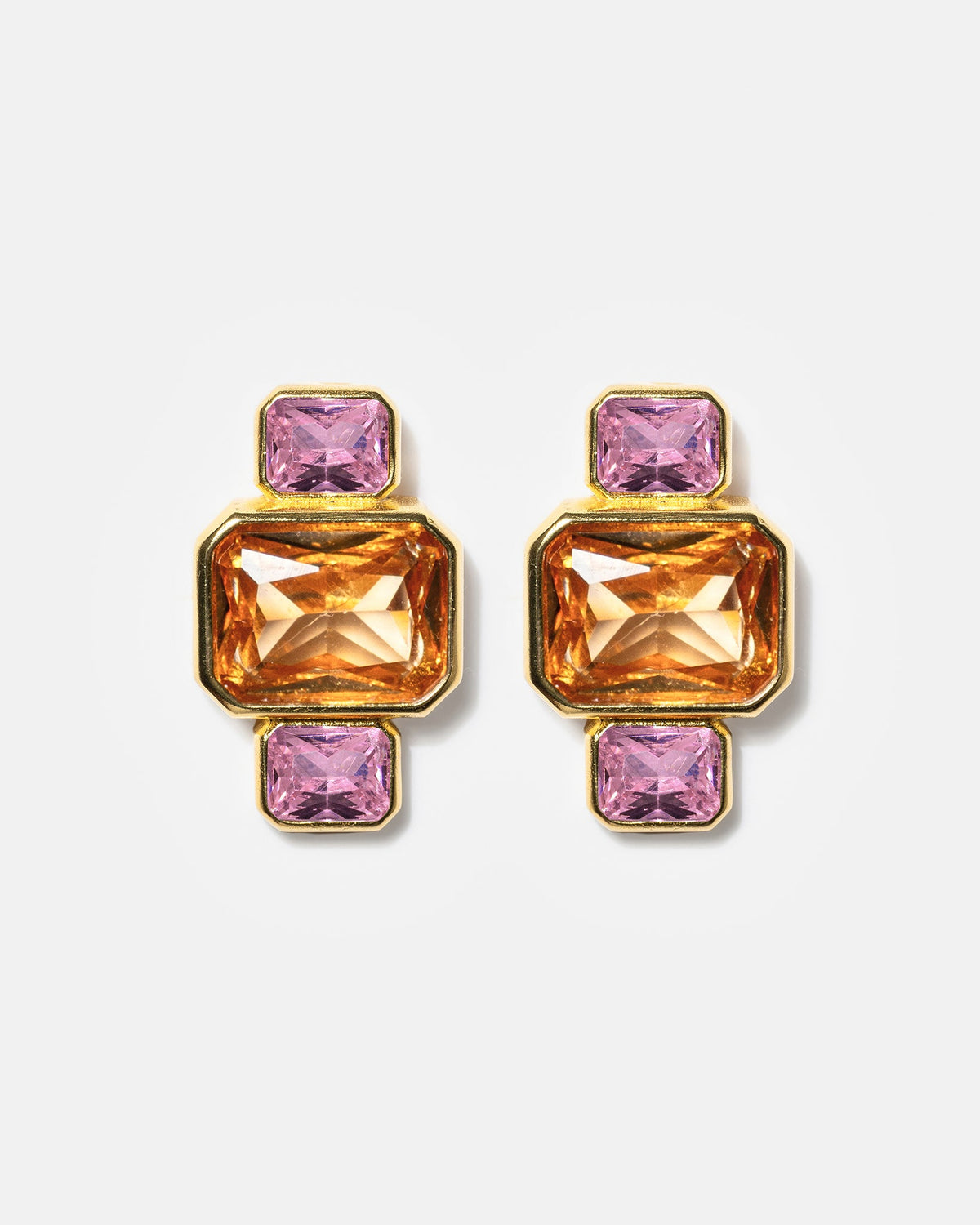 Gold geometric stud earrings with pink and amber gemstones