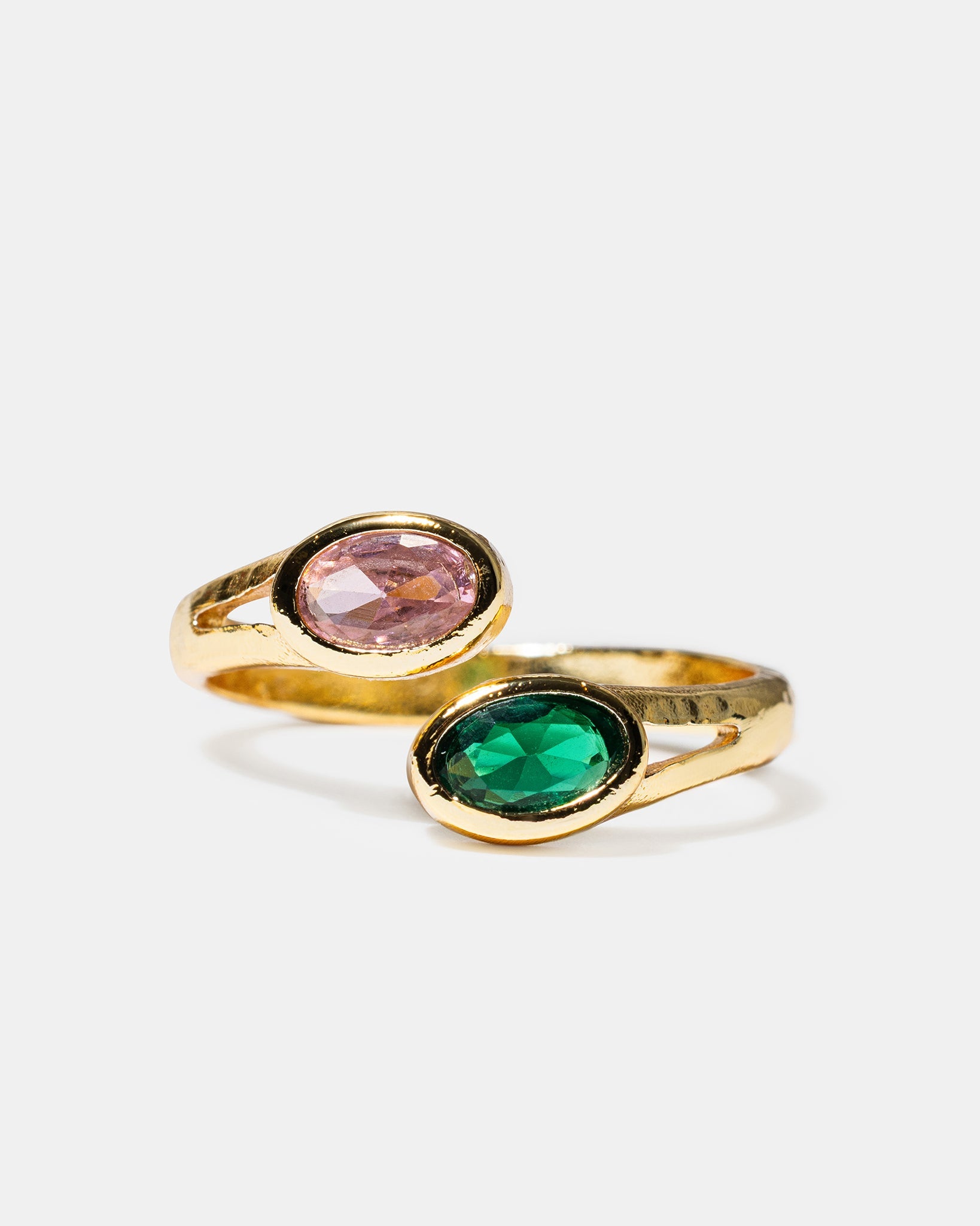 Gold open ring with pink and green oval gemstones