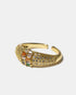 Side view of gold pavé stardust ring with multicolor gemstones