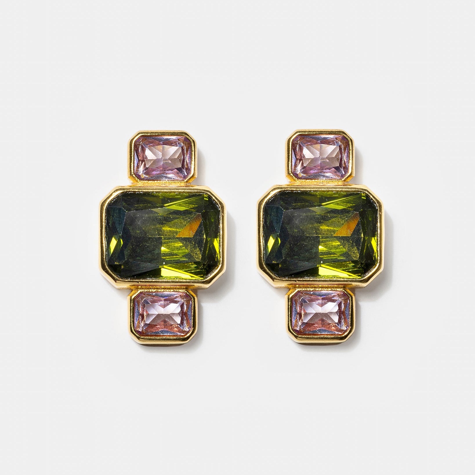 Gold geometric stud earrings with green and pink gemstones