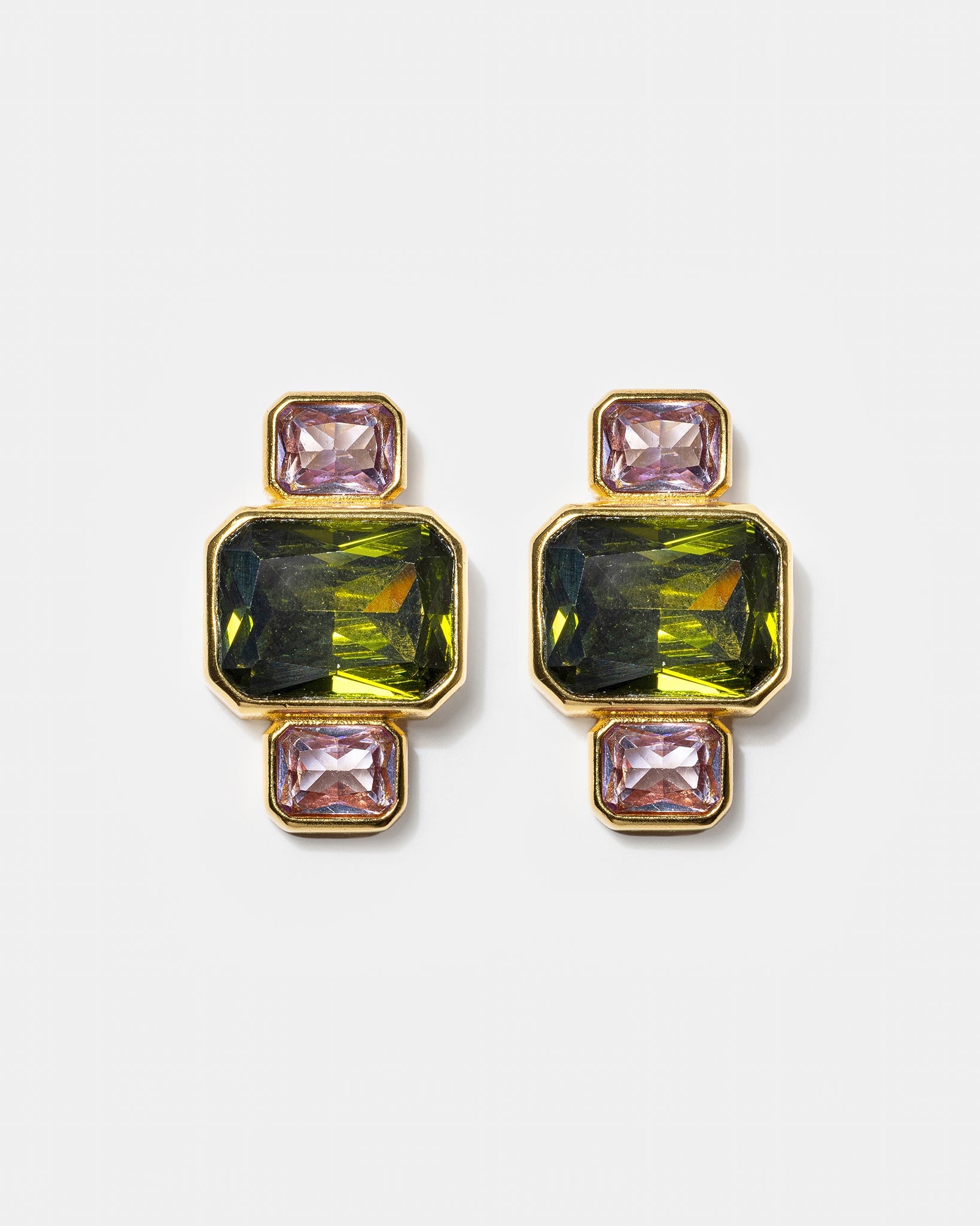 Gold geometric stud earrings with green and pink gemstones