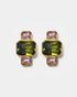 Gold geometric stud earrings with green and pink gemstones