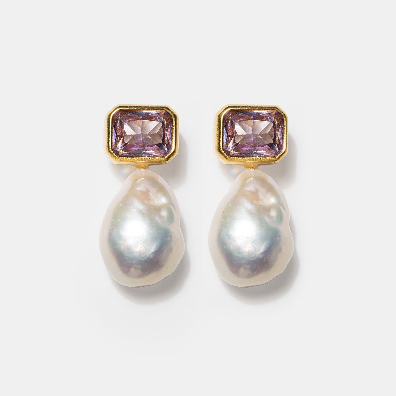 Gold pearl drop earrings with crystal gemstones