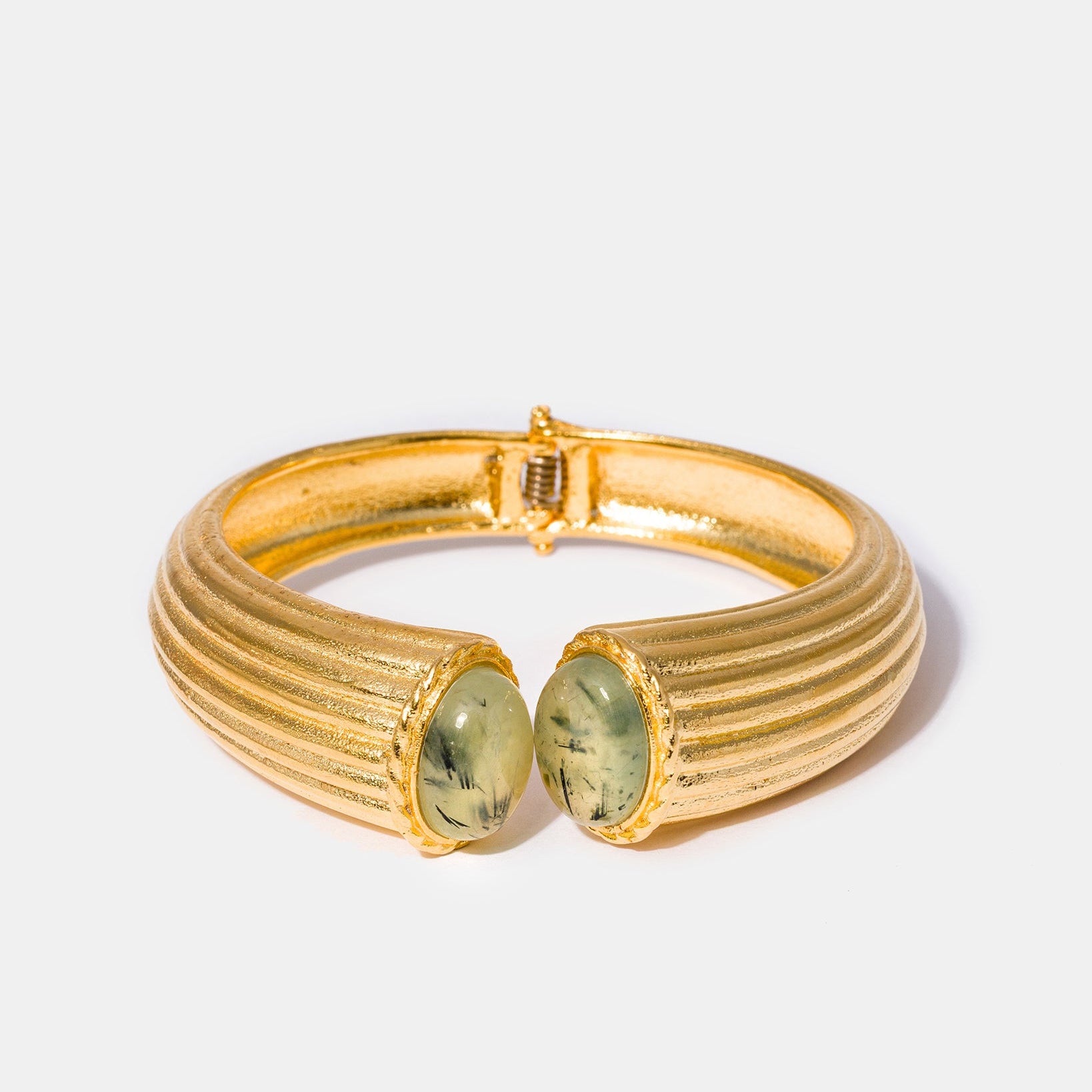 Prehnite cuff bracelet flatlay