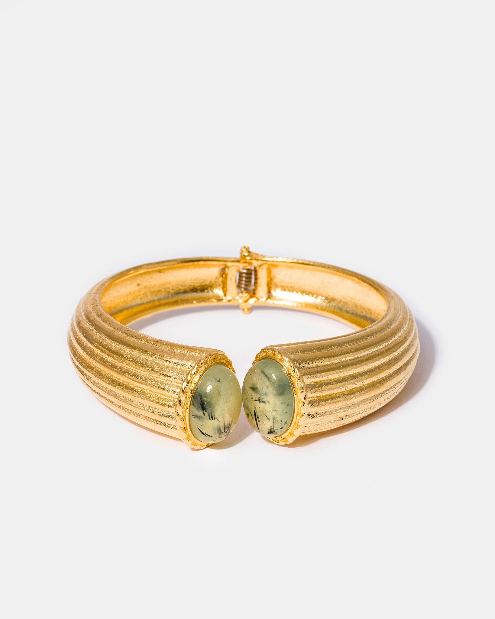 Prehnite cuff bracelet flatlay