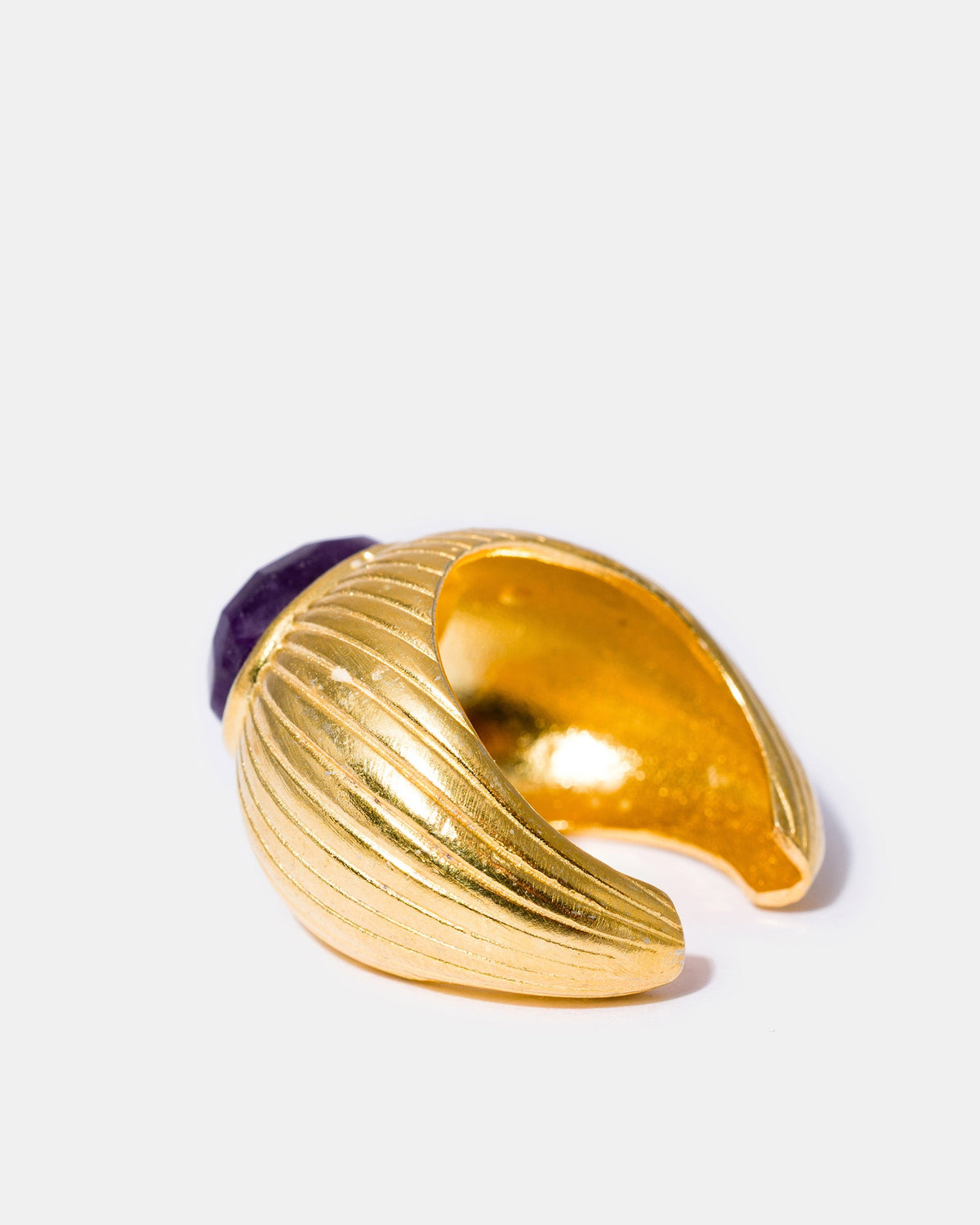 Gold amethyst ring sculptural profile