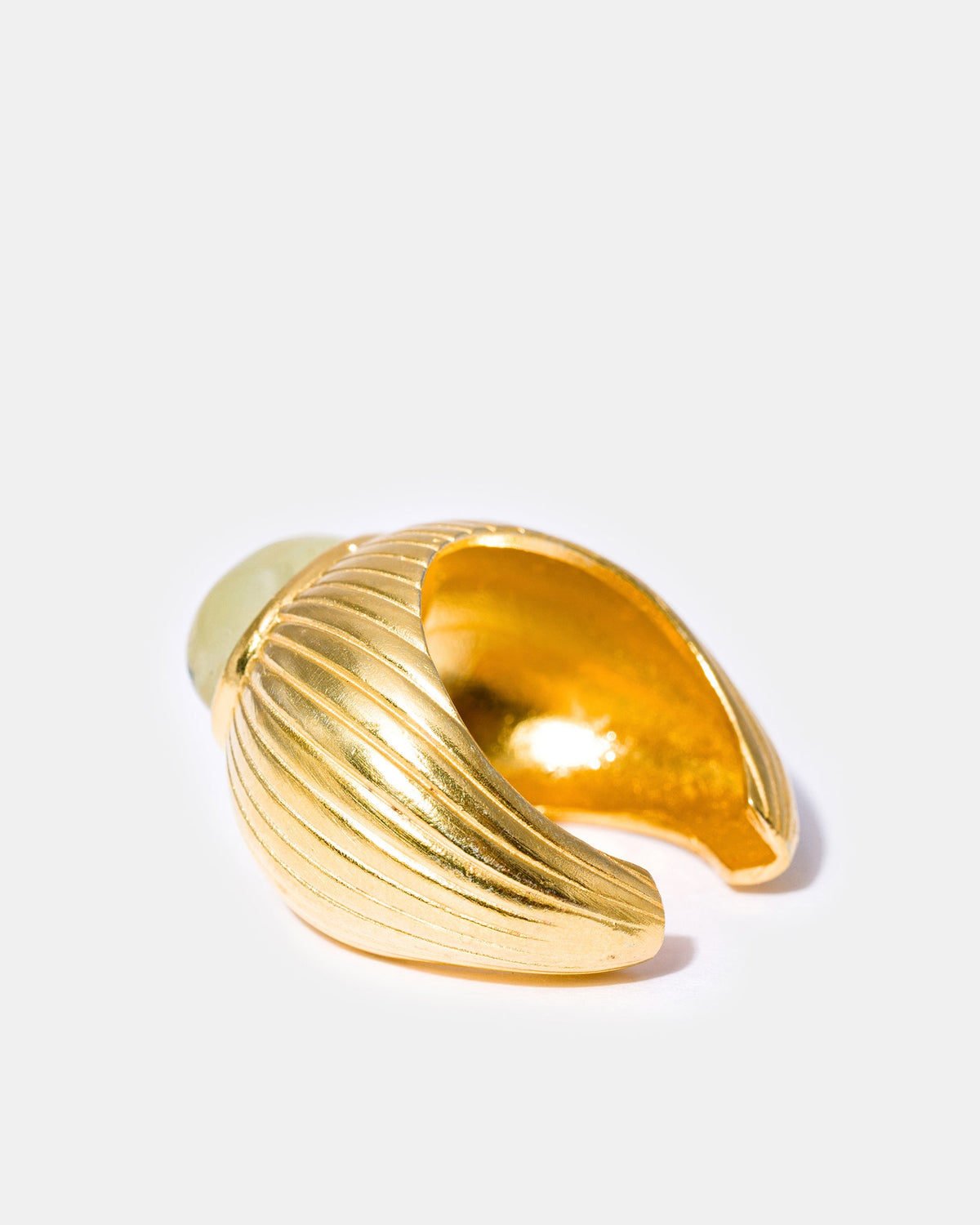 Gold prehnite ring sculptural profile
