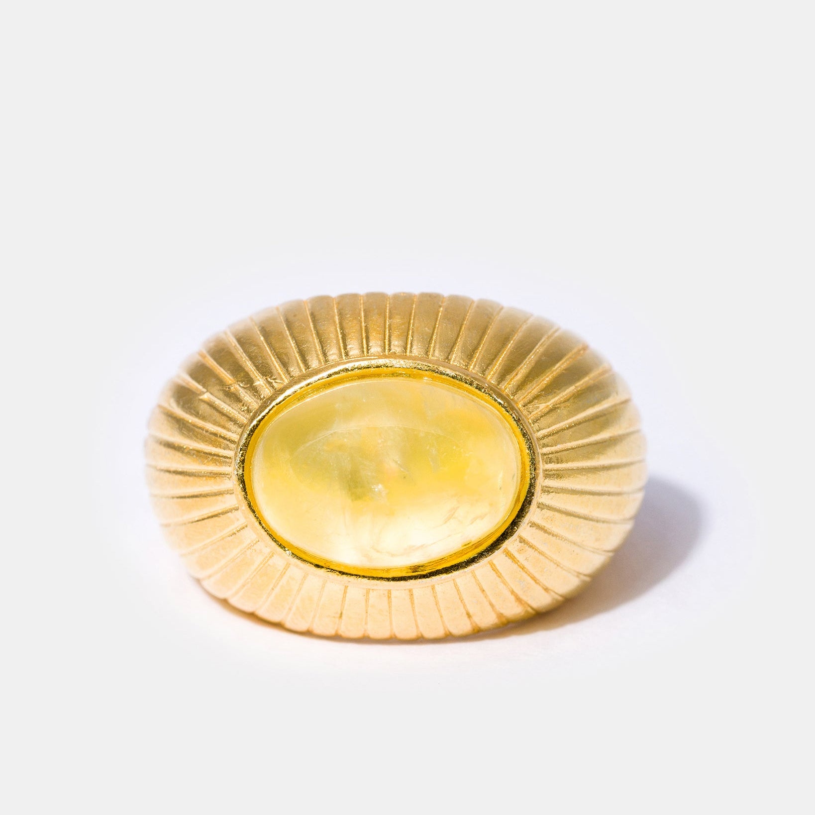 Gold oval prehnite ring with natural green gemstone