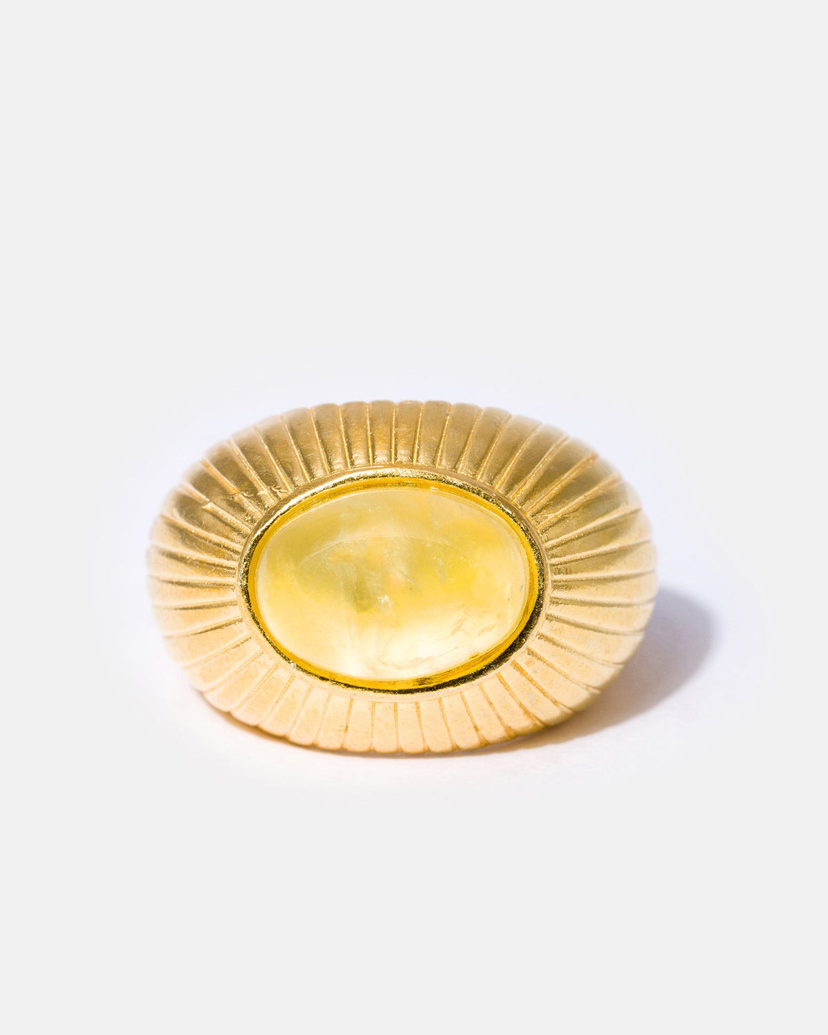 Gold oval prehnite ring with natural green gemstone