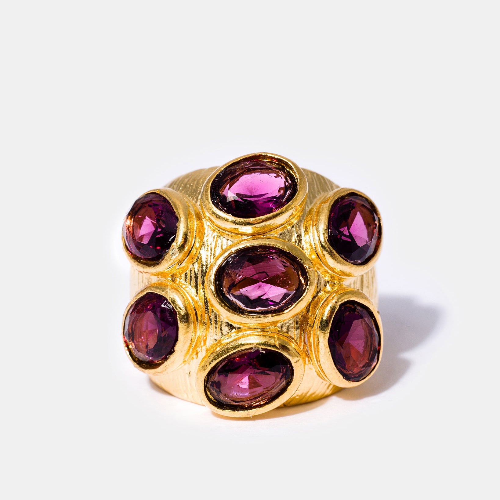 Gold amethyst multi-gemstone cocktail ring with violet stones