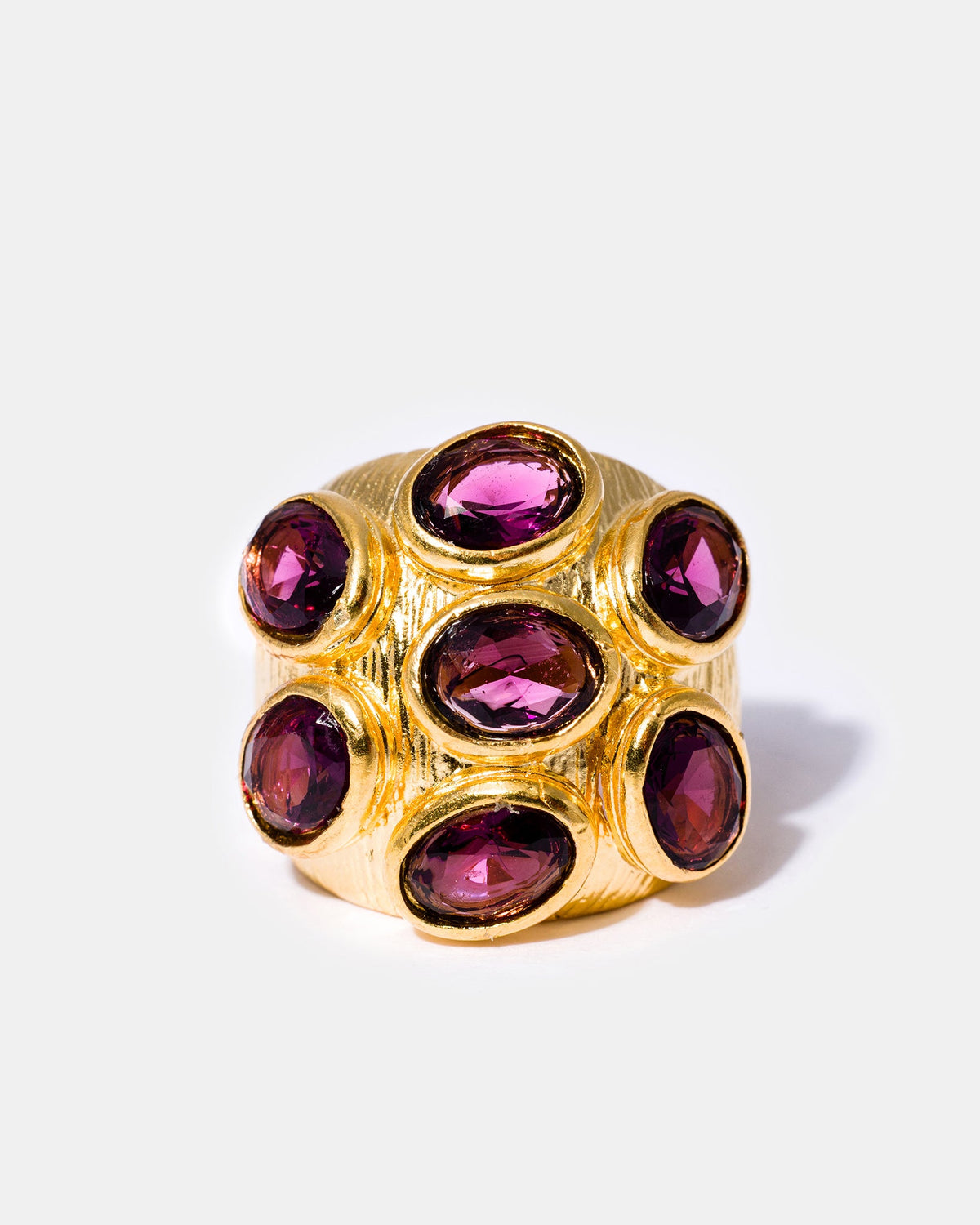 Gold amethyst multi-gemstone cocktail ring with violet stones