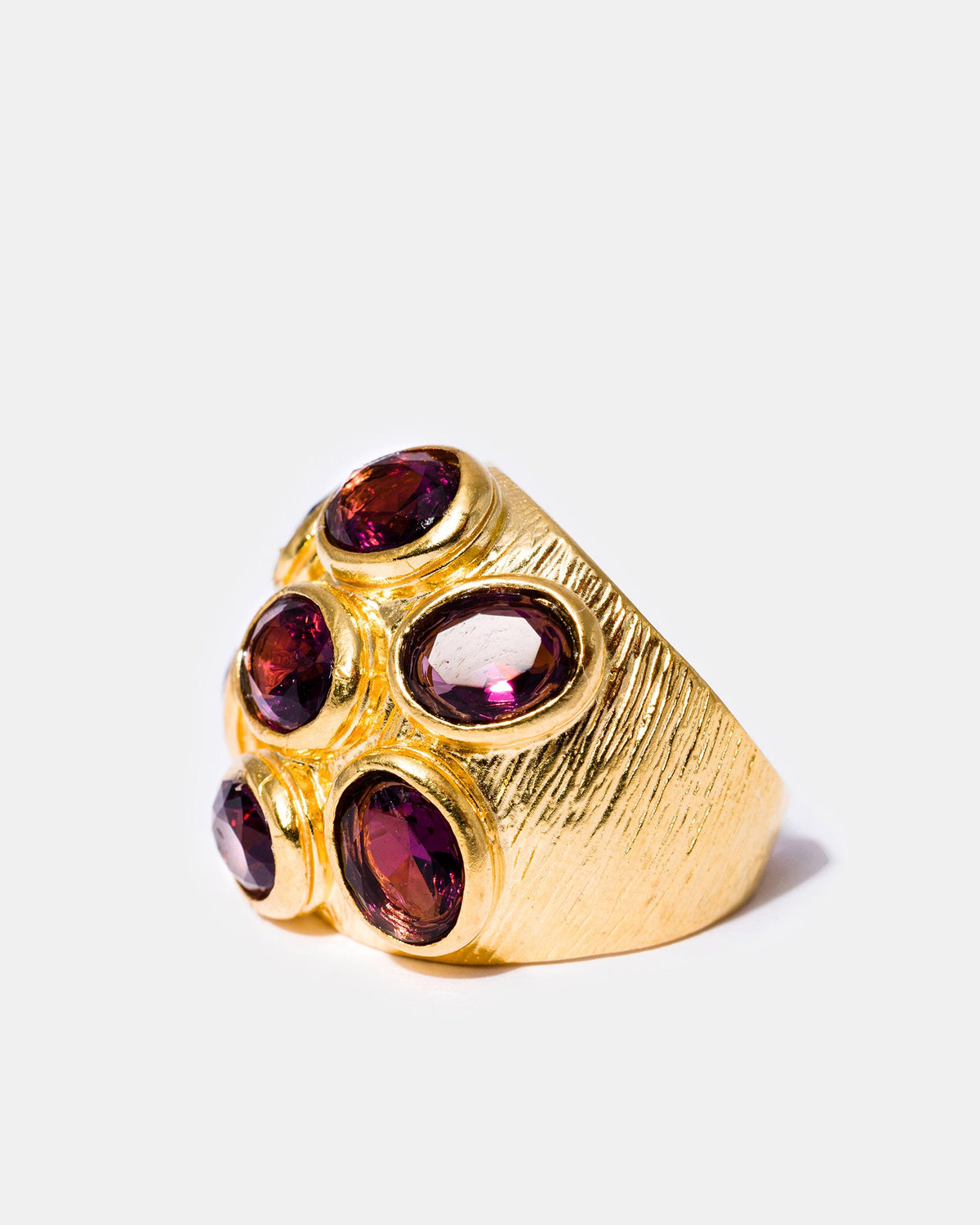 Gold amethyst cocktail ring angled view