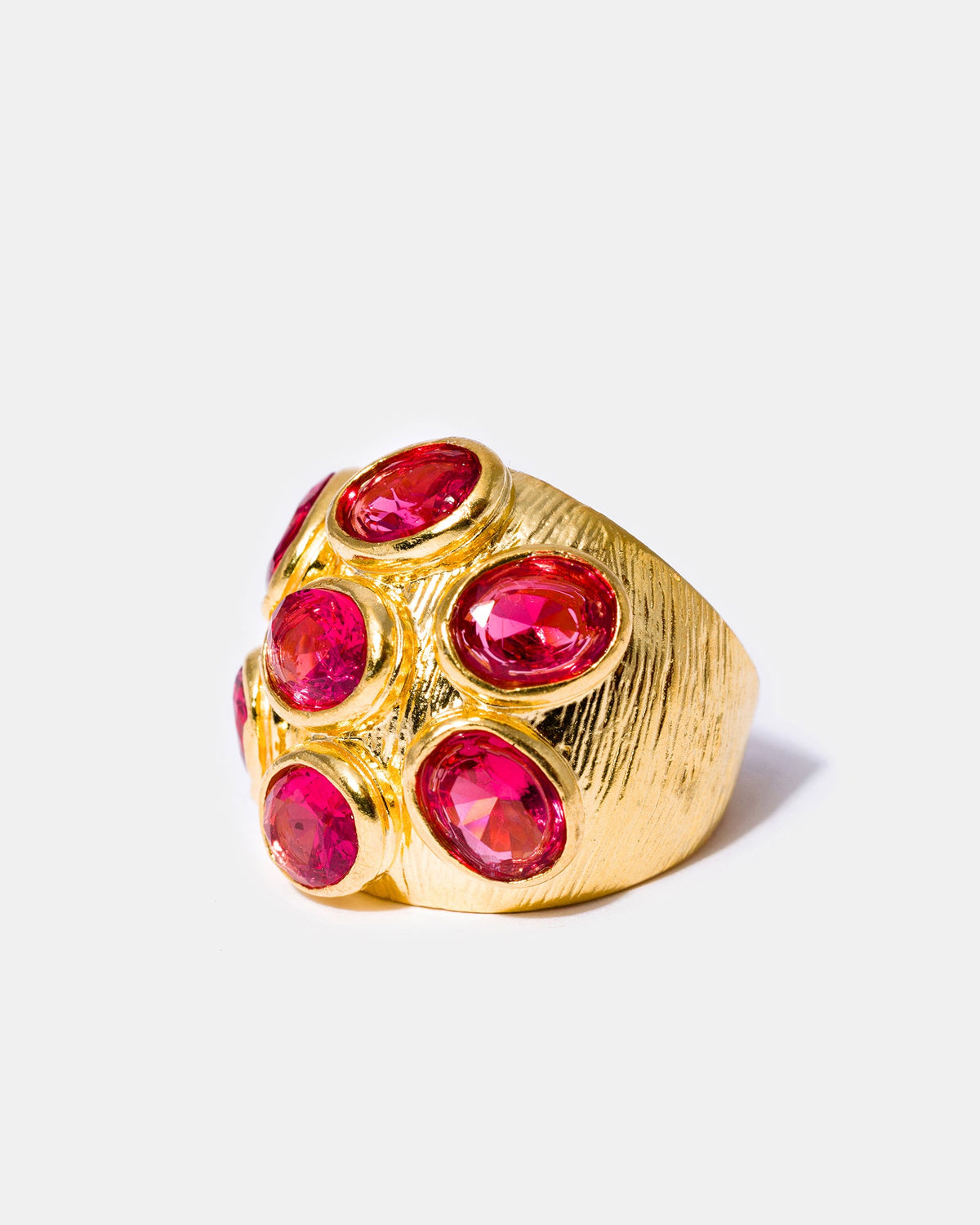 Top view of pink multi-gemstone cocktail ring