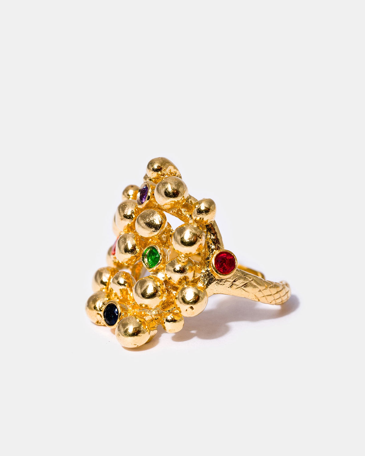 Gold gemstone bouquet ring angled view