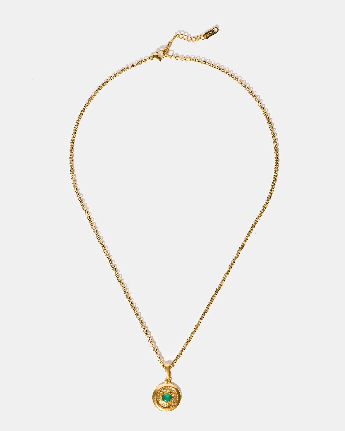 Full-length gold necklace with emerald medallion pendant