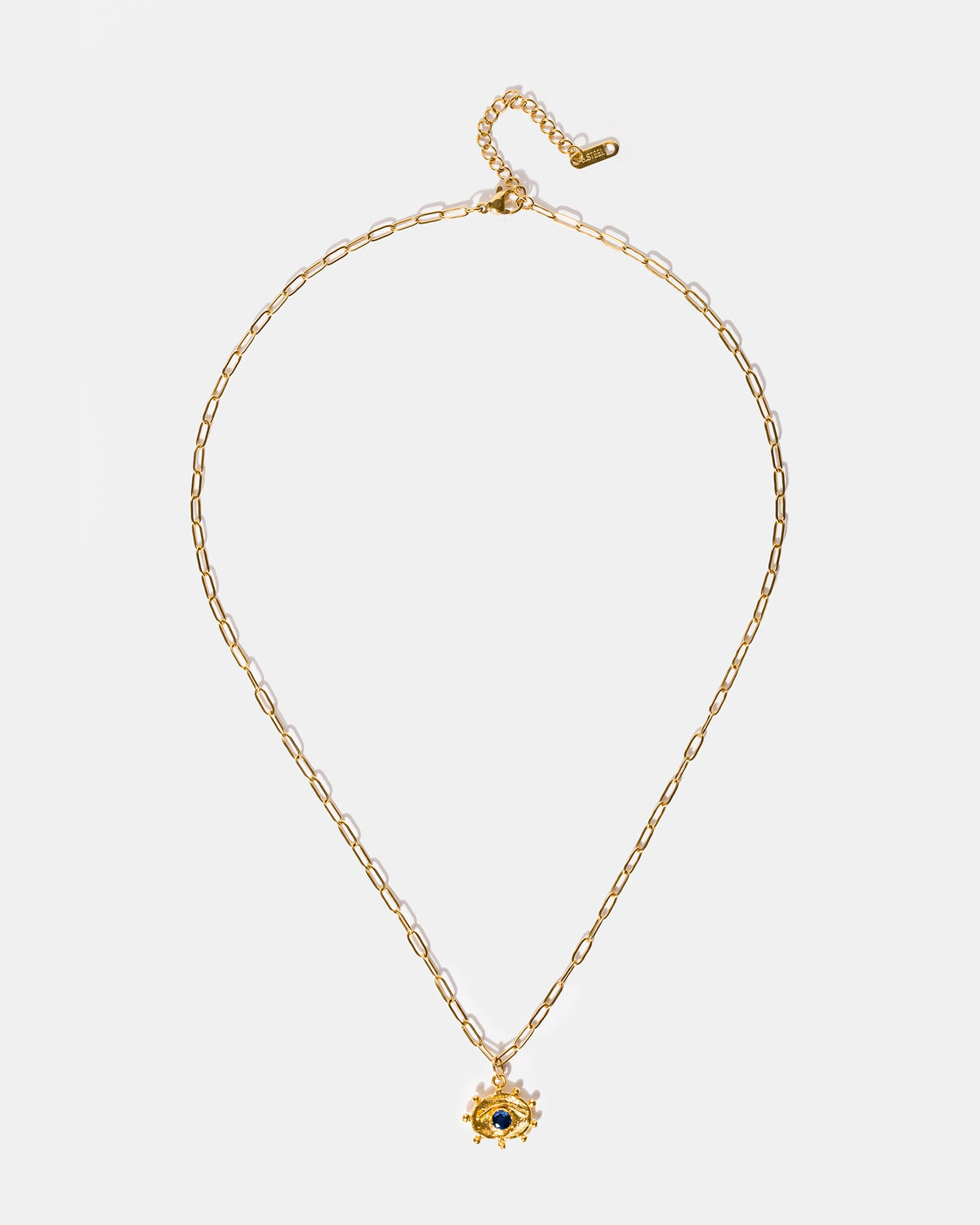 Full-length gold necklace with eye-shaped pendant