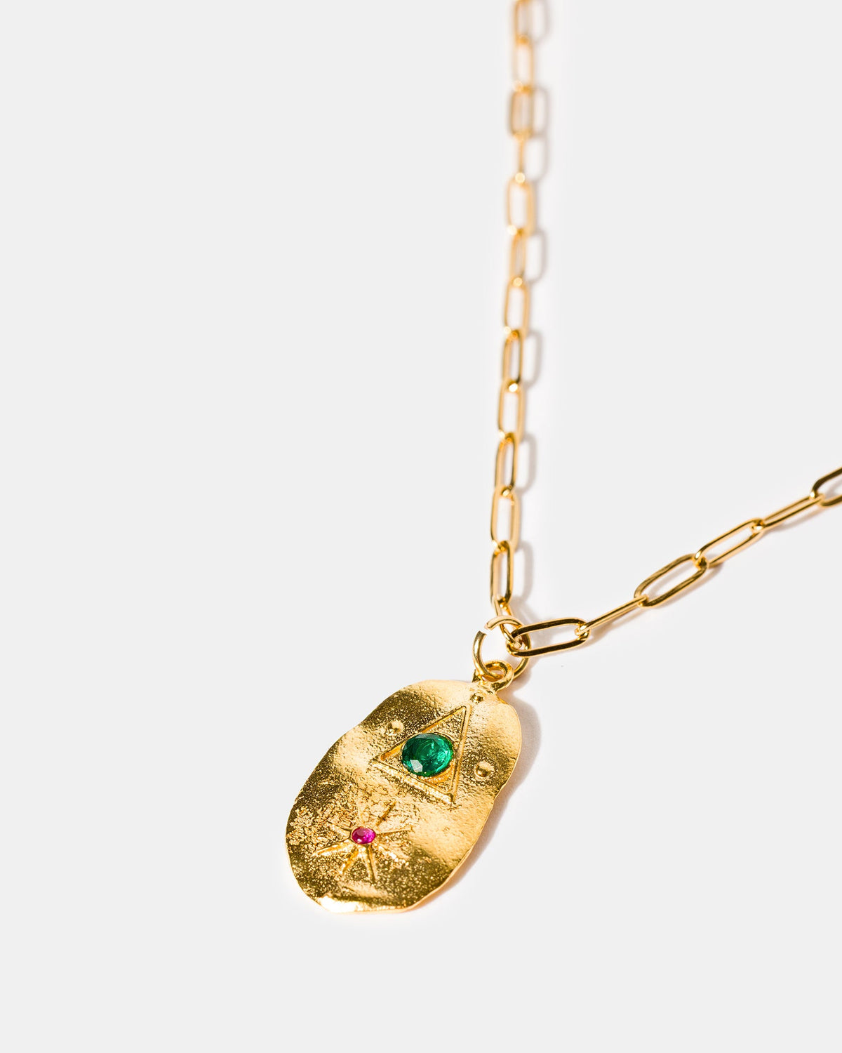 Gold talisman necklace with ruby and green stones