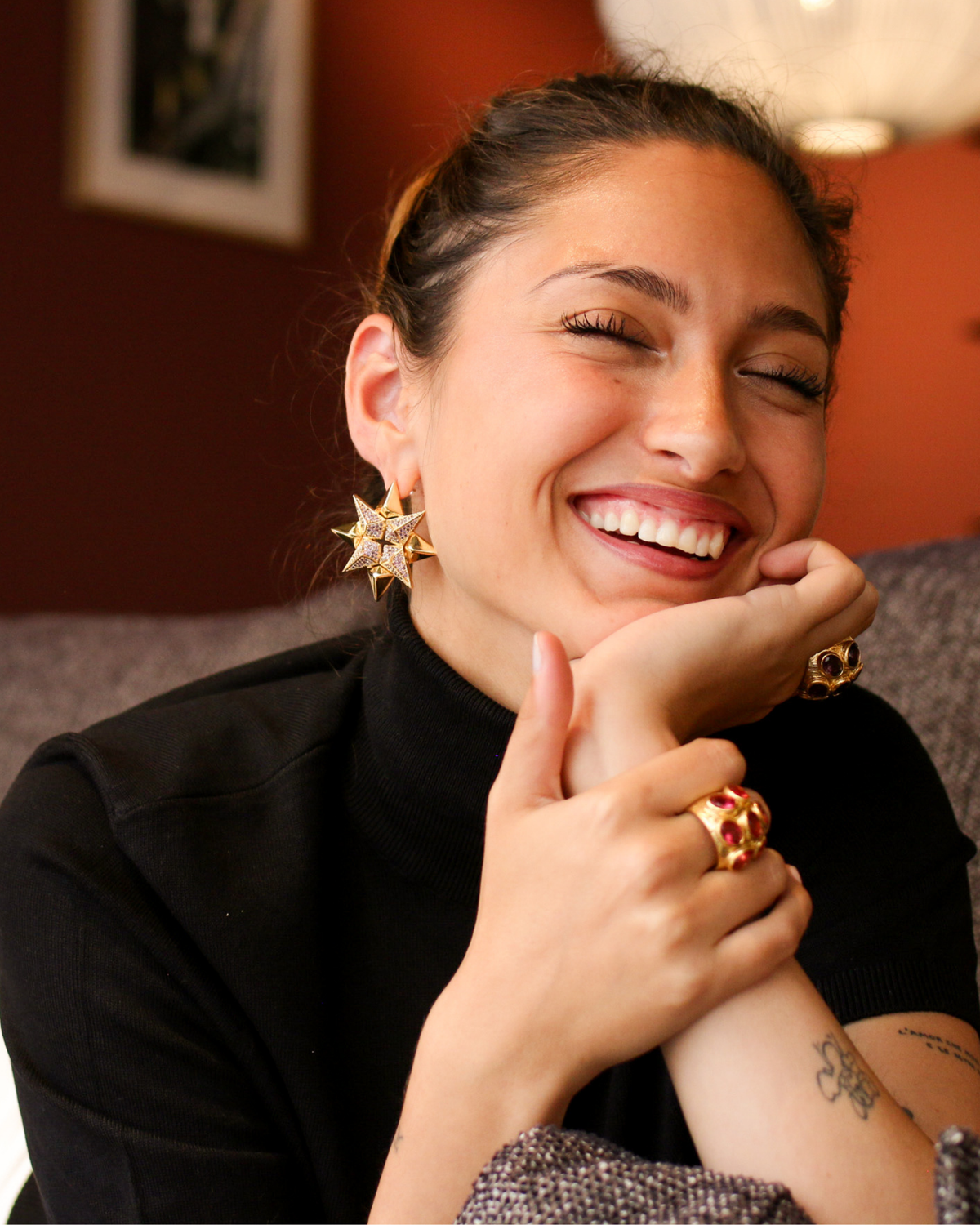 Gold blush cocktail ring styled on model