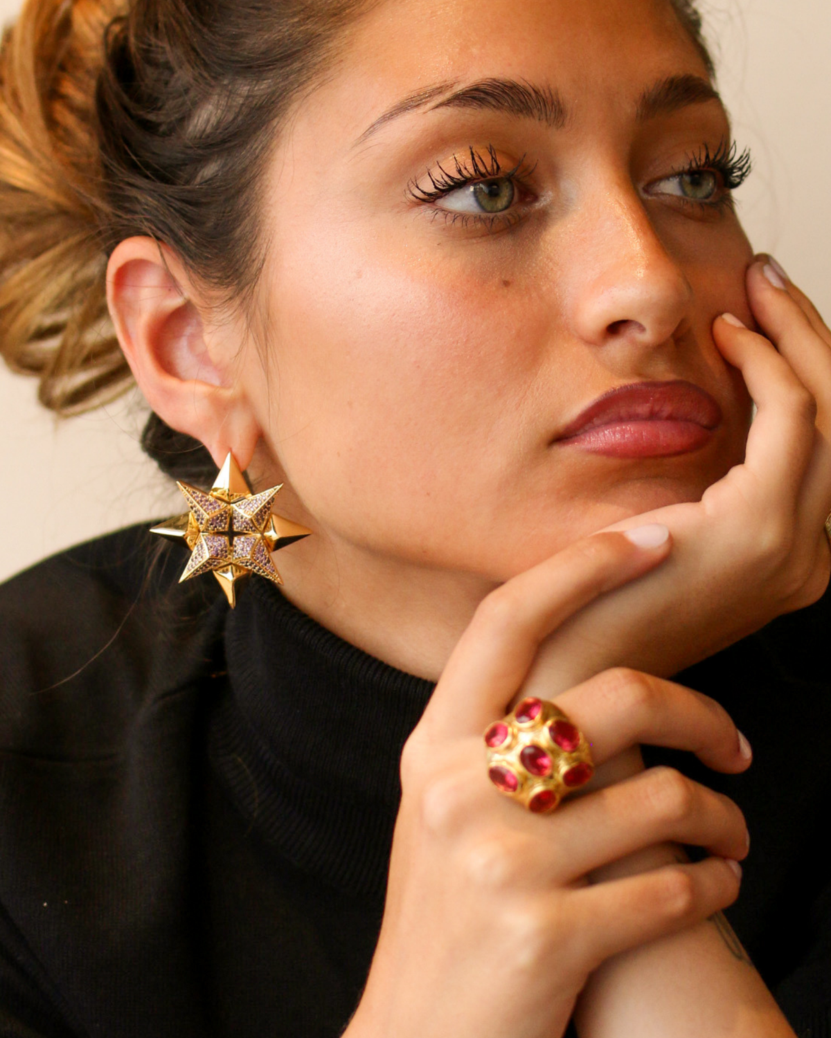 Celestial purple gemstone earrings portrait