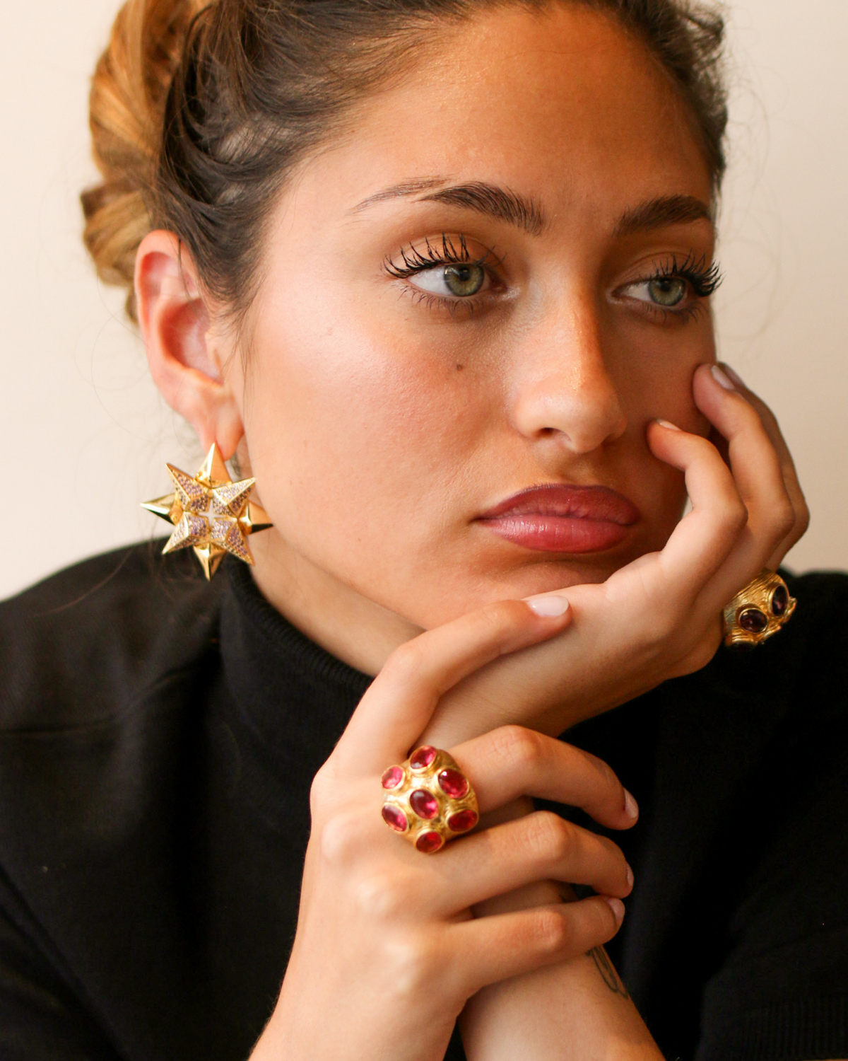 Model wearing gold blush cocktail ring