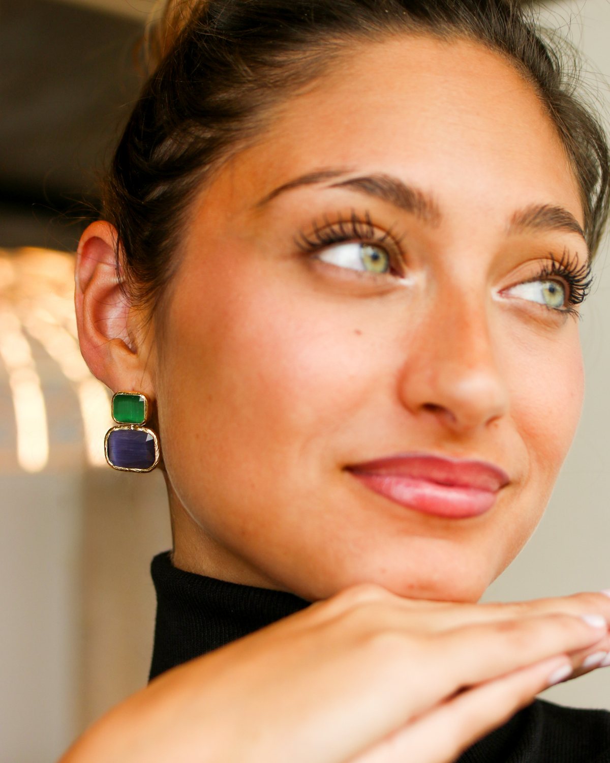 Modern gemstone earrings editorial look