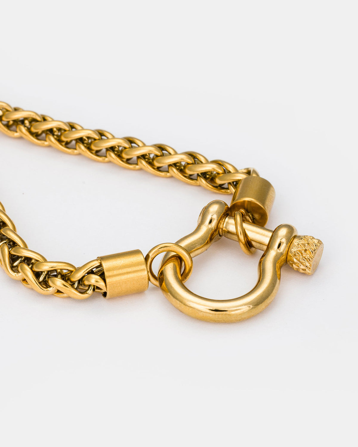 Close-up of gold chain necklace and toggle clasp detail