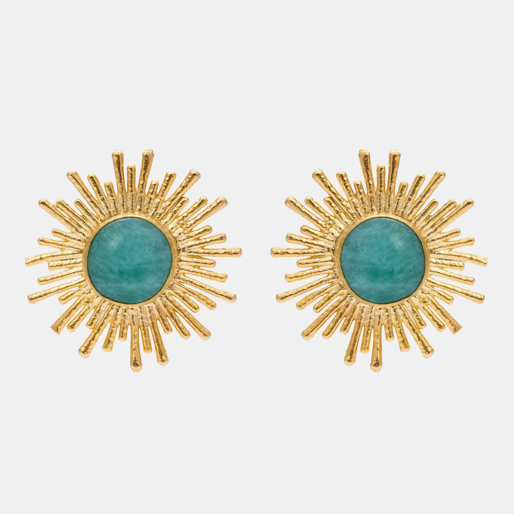 Celestial Radiance gold sunburst earrings featuring natural green aventurine stones