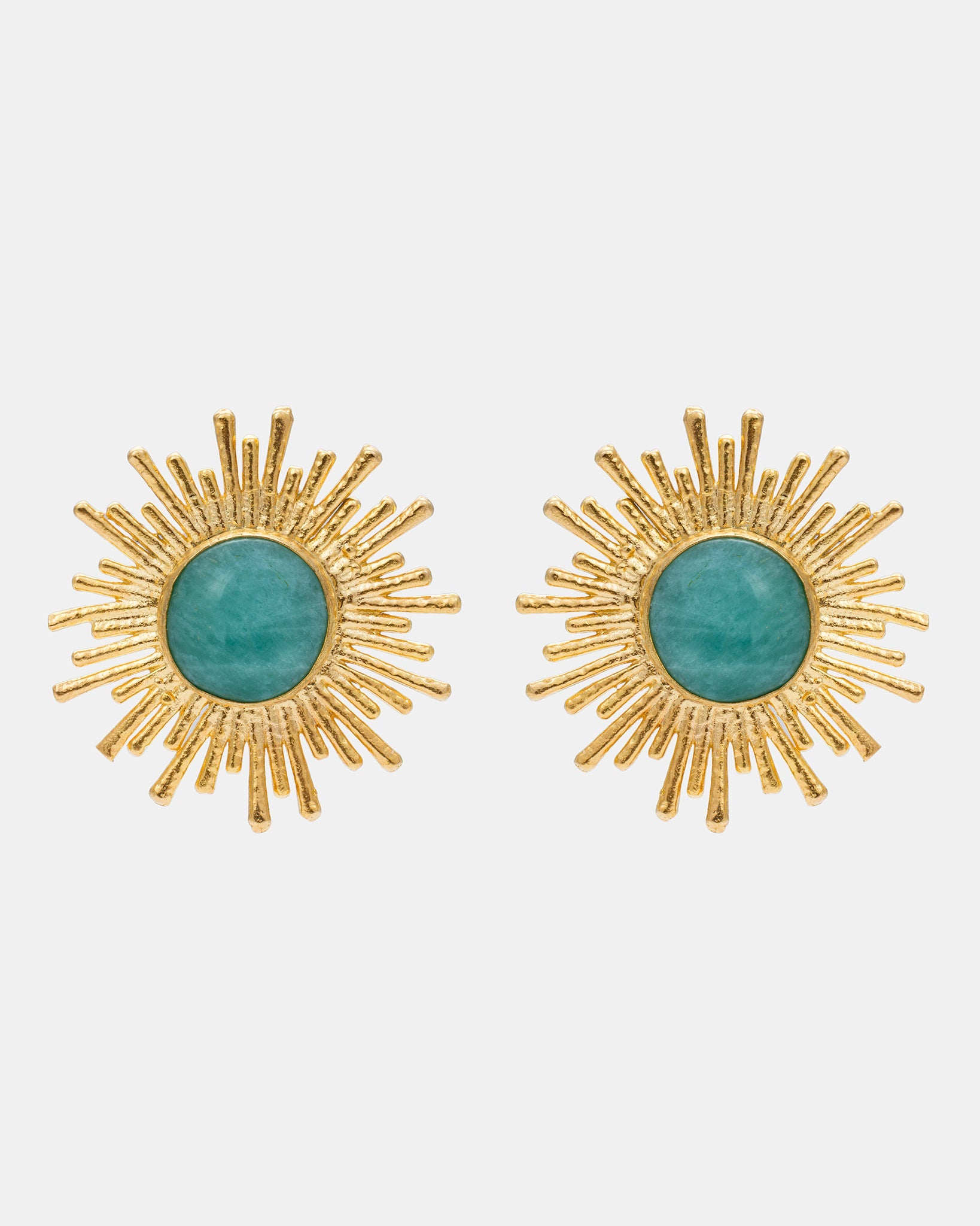 Celestial Radiance gold sunburst earrings featuring natural green aventurine stones