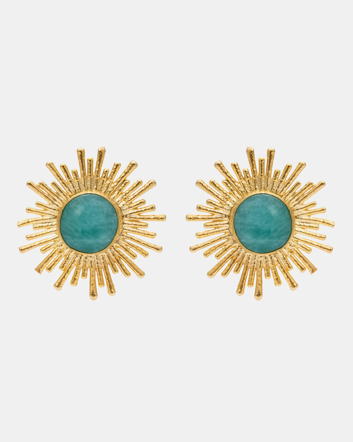Celestial Radiance gold sunburst earrings featuring natural green aventurine stones