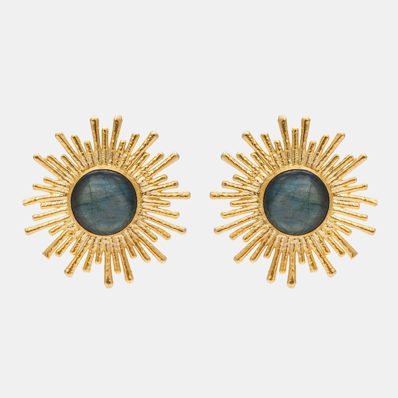Celestial Radiance gold sunburst earrings featuring natural labradorite gemstones with an iridescent glow