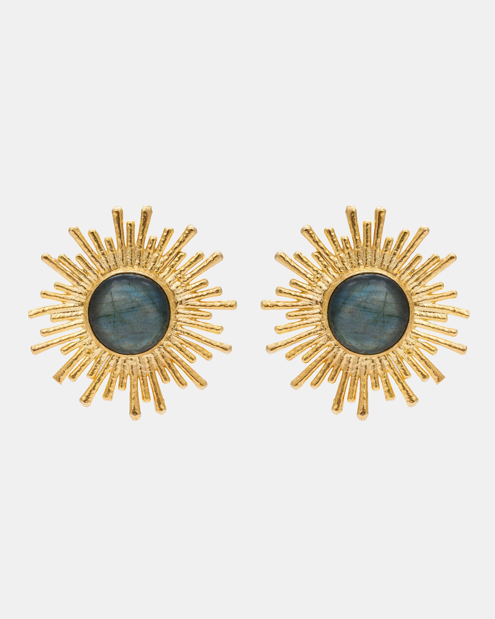 Celestial Radiance gold sunburst earrings featuring natural labradorite gemstones with an iridescent glow