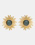 Celestial Radiance gold sunburst earrings featuring natural labradorite gemstones with an iridescent glow