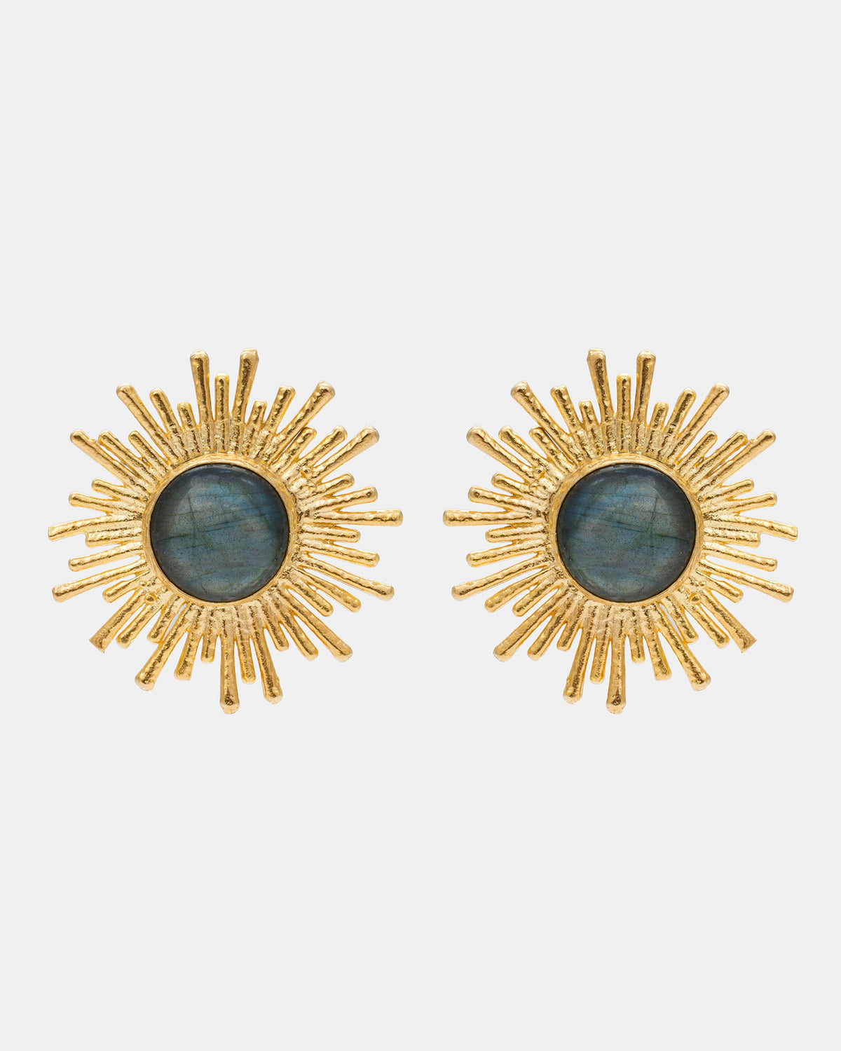 Celestial Radiance gold sunburst earrings featuring natural labradorite gemstones with an iridescent glow